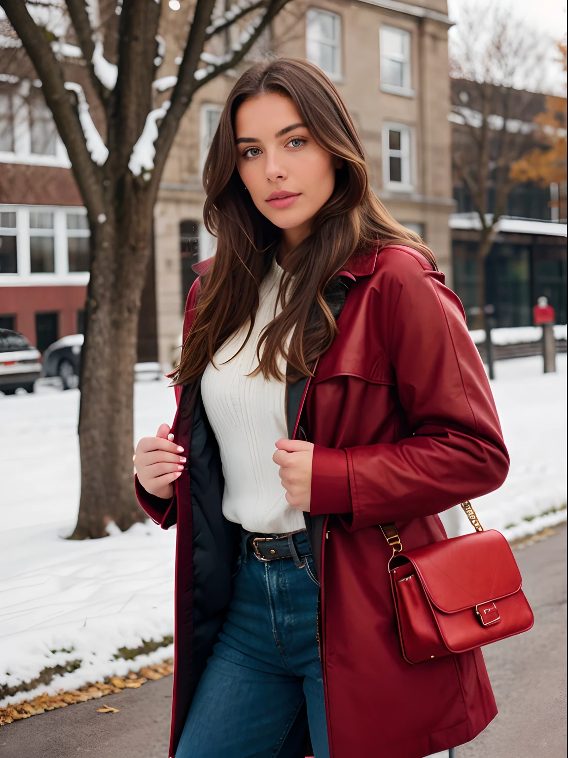 Beautiful brunette with blonde highlights wearing a coat, photorealistic,outdoors, skin texture, film grain, RAW, vibrant red bag, posing