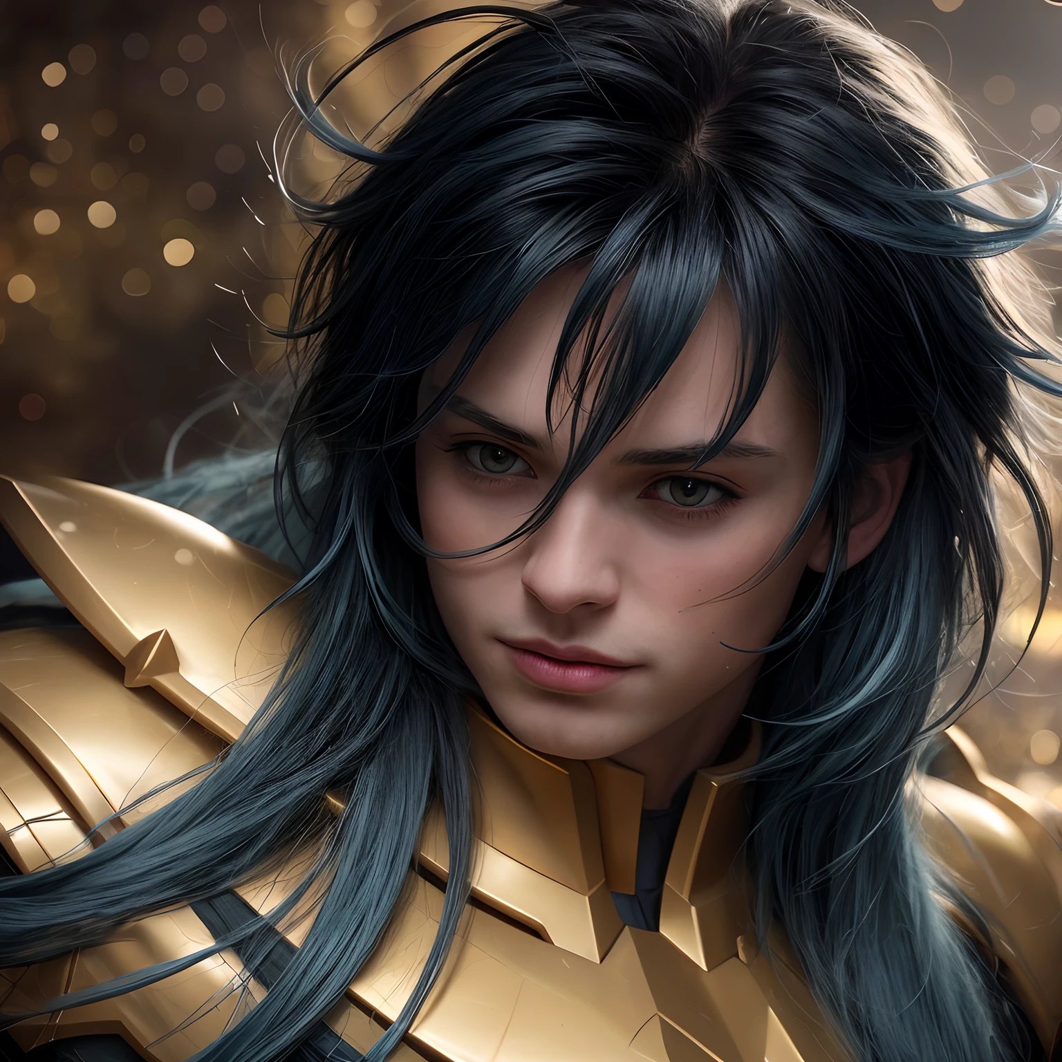 cinemactic, incrivelmente detalhado e ultrarrealista, Camus of Aquarrius Saint Seiya. Close up. He's wearing pretty realistic golden armor. Armadura dourada brilhante. ((Bright golden armor)). Armadura com brilho natural. Octane is the perfect tool to capture the softest details of this 16k photography masterpiece. He is a handsome white man about ((40 years)) old. 1 homen. ((French man)). beautiful face. Rosto detalhado. Nariz bonito. Nariz fino e alongado. (Olhos azuis muito grandes). olhos perfeitos. ((depilado)). Strong expression. He has long ((light petrol blue)) hair. messy hair with bangs. messy hair. Pelas de rosas flutuando em torno ele. Landscape starry sky.