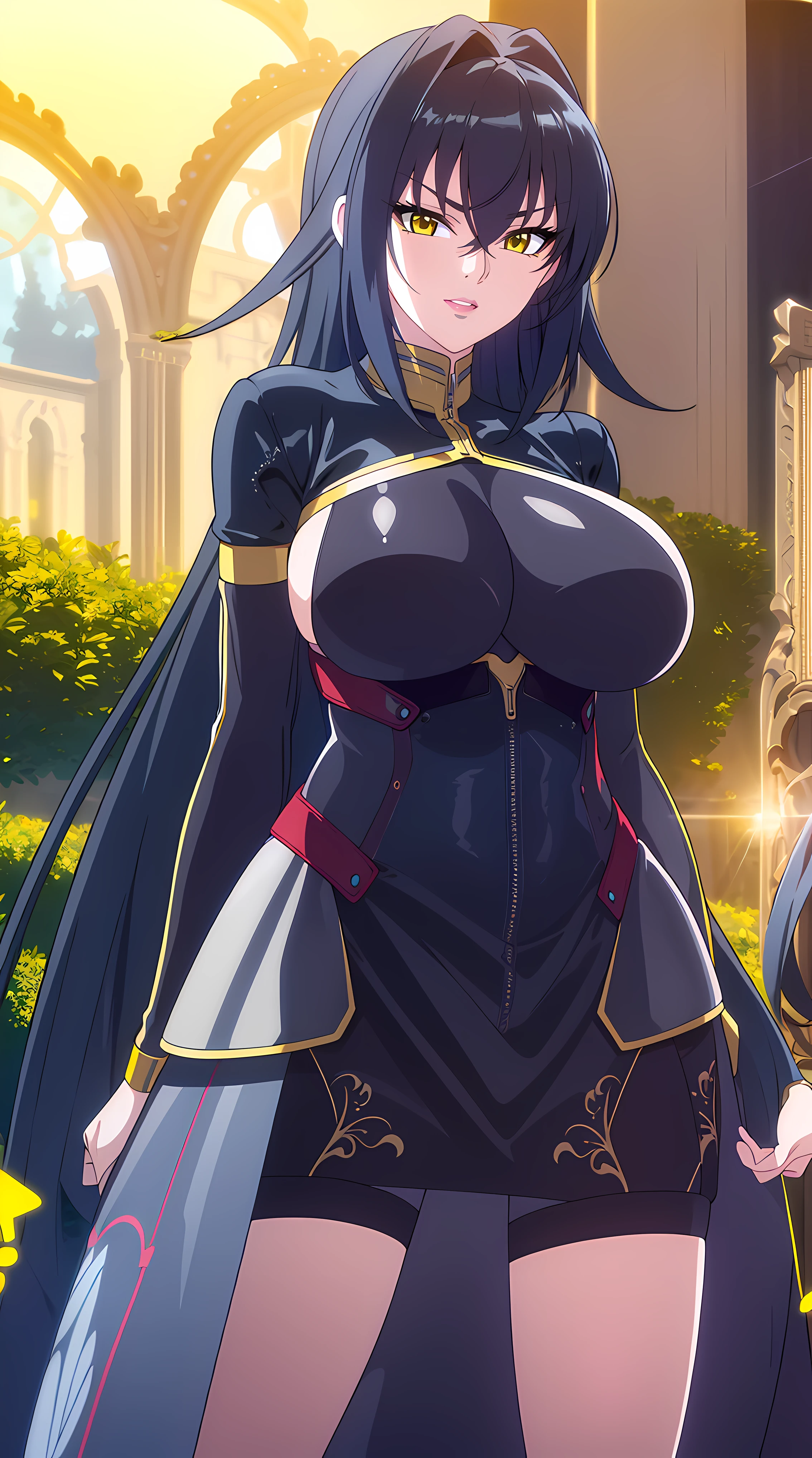 professional artwork, Intricate Details, field of view, sharp focus, detailed painting, photorealistic lighting, trending on pixiv, (masterpiece:1.0),(best_quality:1.0), ultra high res,4K,ultra-detailed, photography, 8K, HDR, highres, absurdres:1.2, Kodak portra 400, film grain, blurry background, bokeh:1.2, lens flare, (vibrant_color:1.2),
(Annerose:1), 1girl, female mature, black hair, long hair, yellow eyes, large breasts, bodysuit, higheels, shiny clothes, skin tight, hair intakes, covered breasts,
simple background, (solo:1.5), (front shoot:1.4),