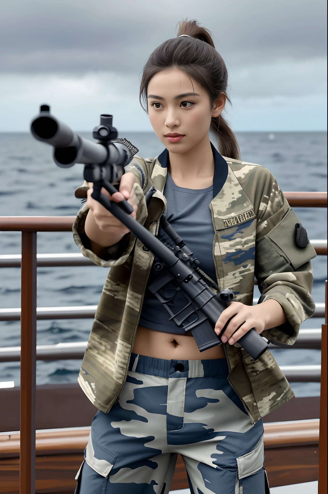 [((on ship deck,1 beautiful girl,Extremely exquisite facial details,short ponytail,Blue camouflage jacket and pants,slim,alert,holding rifle,Aiming and shooting,from everywhere))],
masterpiece,highres, highest quality,intricate detail,best texture,realistic,8k,soft light,perfect shadow,
sea,sunny,cloudy,wind,wet, 
Age Of Wind,naval battle,conflict,bombard.firing,smoking,