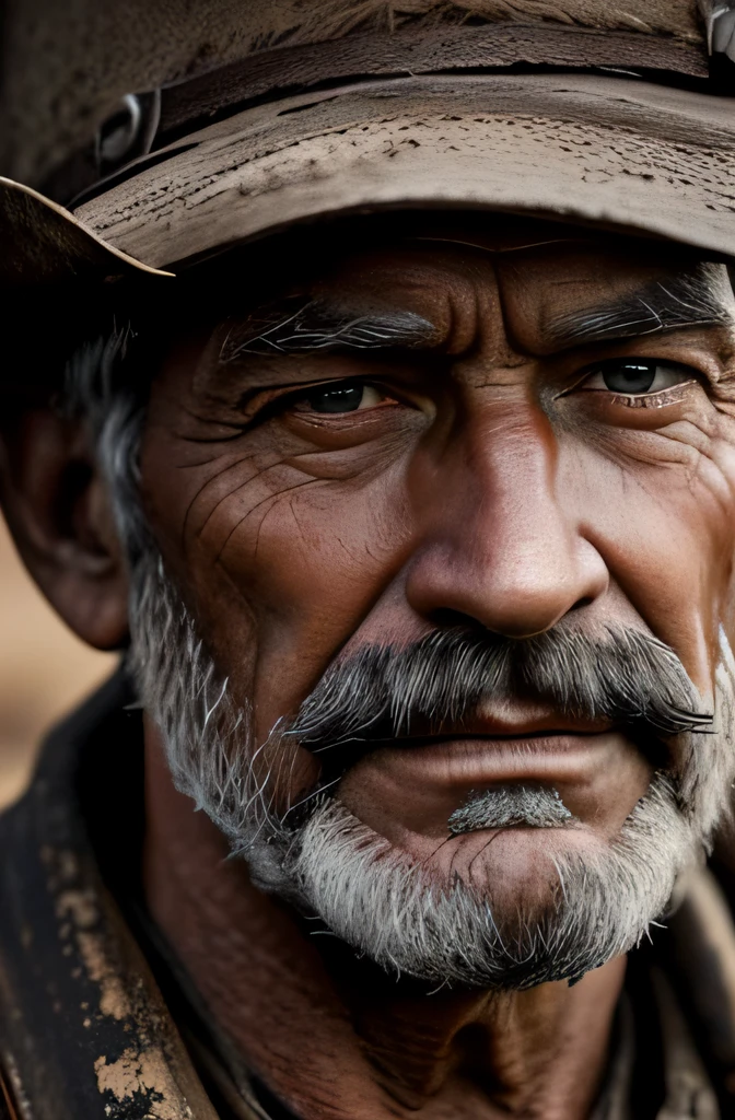 Portrait of an old coal miner from the 19th century, Beautiful paintings of highly detailed faces by Gregg Lutkowski and Magali Villanueve, Wild West, outdoor shooting, 8K