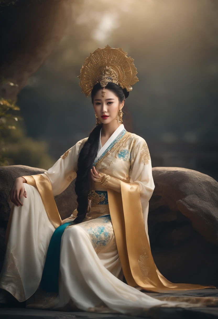 Ancient legend says the goddess Chang'e, Ancient Chinese clothing, full bodyesbian, rays of sunshine, Clear face, Clean white background, tmasterpiece, super detailing, Epic composition, hyper HD, high qulity, extremely detaile, offcial art, Uniform 8k wallpaper, super detailing, 32k -- v 6