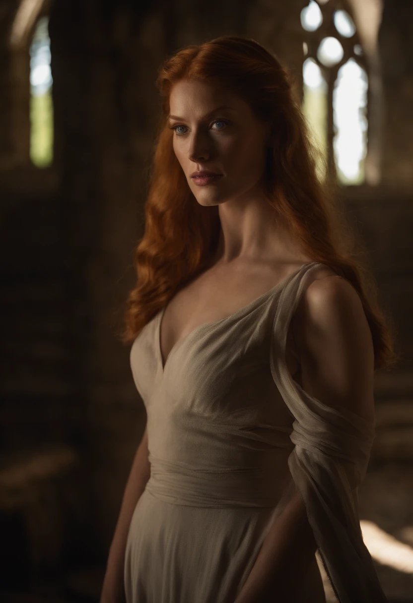 Alyssa Sutherland, como Red Sonja da Marvel, soft-lighting, dinamic angle, lifelike lighting, foto de Robert Adams, (textura natural da pele, hiper-realismo, luz suave, ju: 1.2), (detalhes intrincados: 1.12), Obra-prima HDR, melhor qualidade, (foto altamente detalhada: 1.1), 8k, fotorrealista, (SFW), corpo inteiro:1.285, In an abandoned and destroyed pagan temple