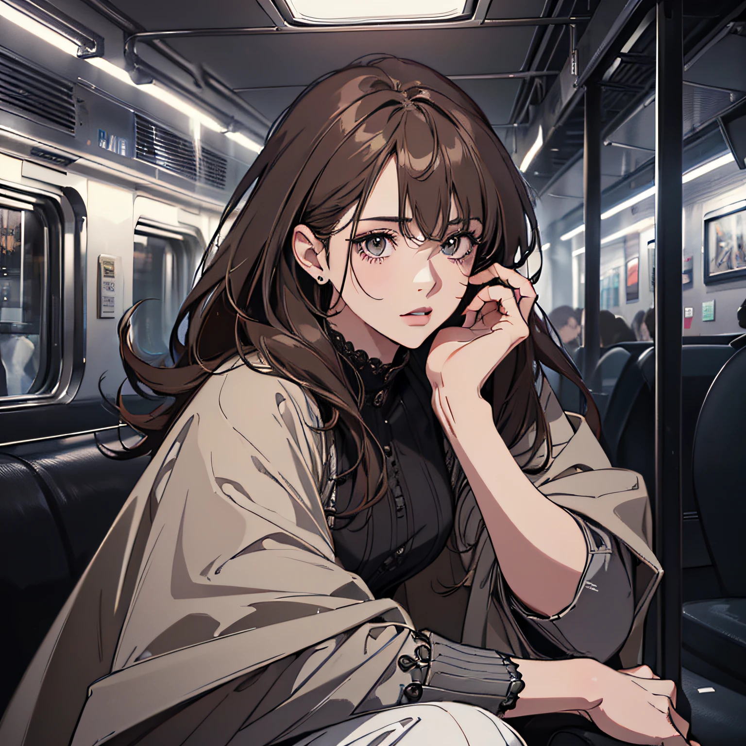 (best quality digital art, high resolution 4K digital illustration, beautiful image, hyper-detailed image, perfect lines, dark lighting, perfect face, face focus, wallpaper) (1:1 photorealistic) (cool gray colors hdr) a 31-year-old woman, brown hair, formal clothes, sitting in a subway car at night