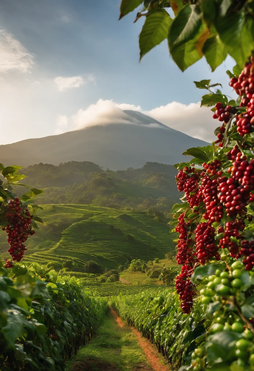 (best quality,4k,8k,highres,masterpiece:1.2),ultra-detailed,realistic,portraits,green,beautiful,coffee plantations,red coffee berries,rich soil,dew-covered leaves,morning sun,kilimanjaro backdrop,warm golden light,artistic,emerald,coffee bean fields,dense,abundant shade,cool breeze,harvest season,ripe cherries,fresh aroma,coffee lovers,ethereal,vibrant,serene,tranquil,peaceful,indulgent,caffeine,aromatic,fertile soil,coffee hamlet,quaint,farmers,proud,baristas,cultivation,hand-picked,brewing tradition,artisanal craftsmanship,coffee cup,fragrant steam,journey of flavors,caffeination,remote location,distant mountains,cascading waterfalls.