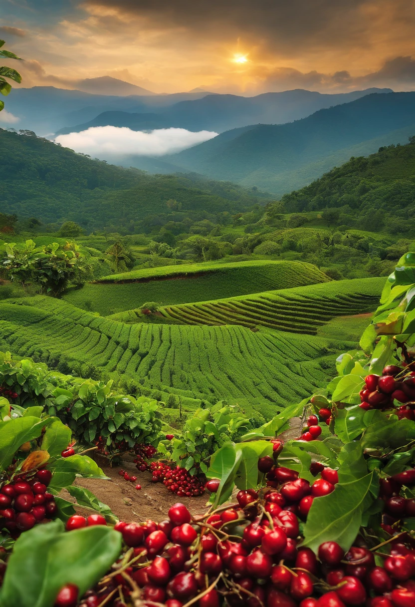 (best quality,4k,8k,highres,masterpiece:1.2),ultra-detailed,realistic,portraits,green,beautiful,coffee plantations,red coffee berries,rich soil,dew-covered leaves,morning sun,kilimanjaro backdrop,warm golden light,artistic,emerald,coffee bean fields,dense,abundant shade,cool breeze,harvest season,ripe cherries,fresh aroma,coffee lovers,ethereal,vibrant,serene,tranquil,peaceful,indulgent,caffeine,aromatic,fertile soil,coffee hamlet,quaint,farmers,proud,baristas,cultivation,hand-picked,brewing tradition,artisanal craftsmanship,coffee cup,fragrant steam,journey of flavors,caffeination,remote location,distant mountains,cascading waterfalls.