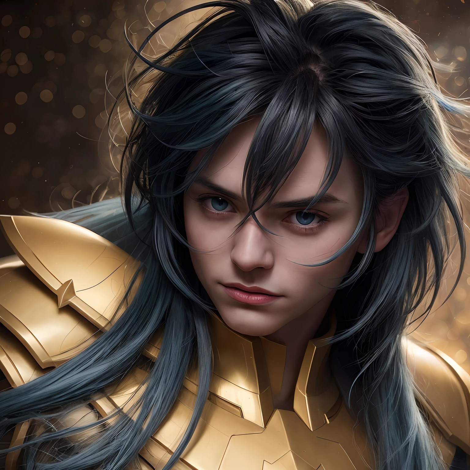 cinemactic, incrivelmente detalhado e ultrarrealista, Camus of Aquarrius Saint Seiya. Close up. He's wearing pretty realistic golden armor. Armadura dourada brilhante. ((Bright golden armor)). Armadura com brilho natural. Octane is the perfect tool to capture the softest details of this 16k photography masterpiece. He is a handsome white man about ((40 years)) old. 1 homen. ((French man)). beautiful face. Rosto detalhado. Nariz bonito. Nariz fino e alongado. (Olhos azuis muito grandes). olhos perfeitos. ((depilado)). Strong expression. He has long ((light  blue)) hair. messy hair with bangs. messy hair. Pelas de rosas flutuando em torno ele. Landscape starry sky.