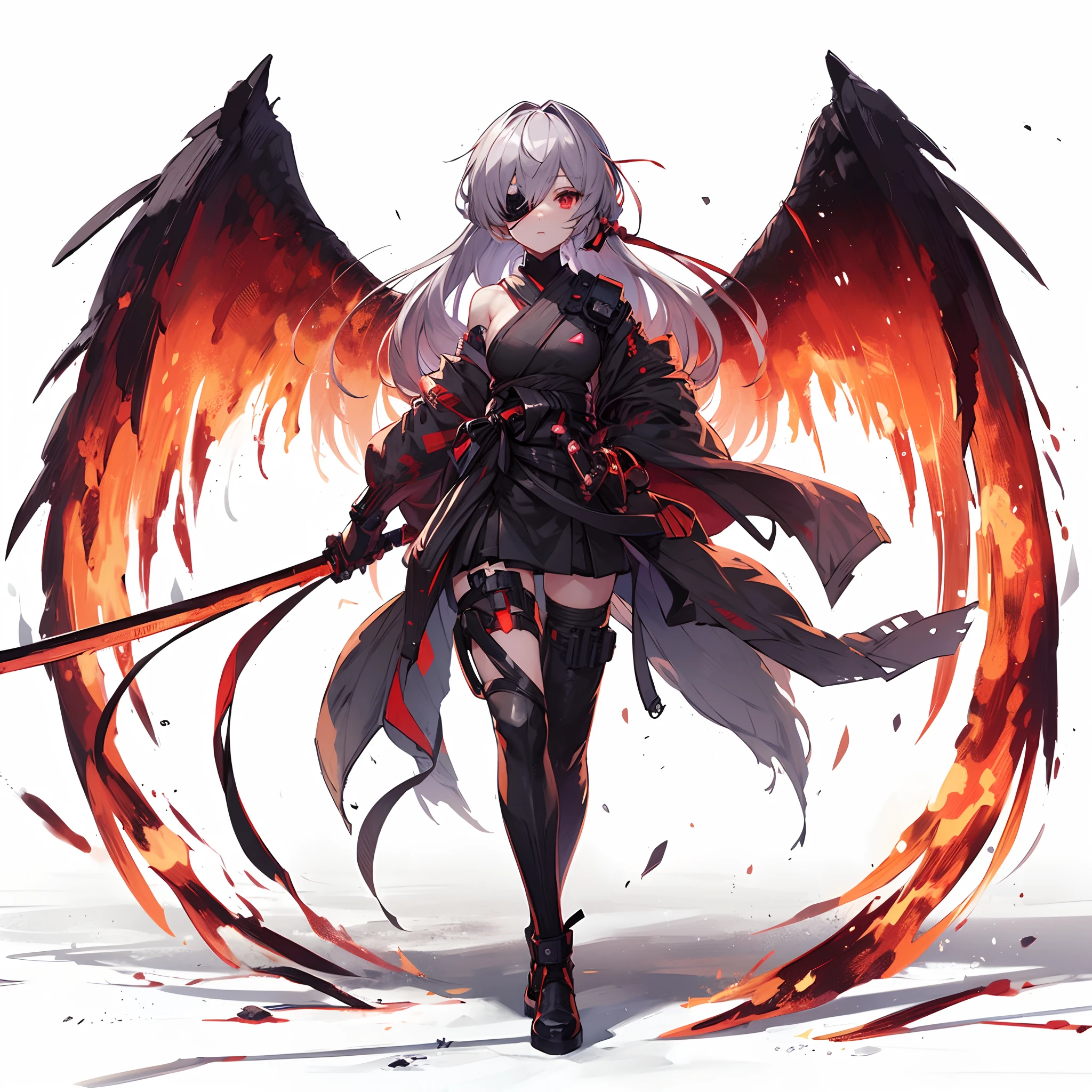 (Masterpiece, best quality), (perfect athlete body:1.2), (detailed hair), ultra-detailed, anime style, full body, Cyber Ninja Girl, in cyber kimono, gray hair, red eyes, eye patch, burning fist, wings shaped from burning ashes, wearing long boots, white background, whole body, standing on wasteland.