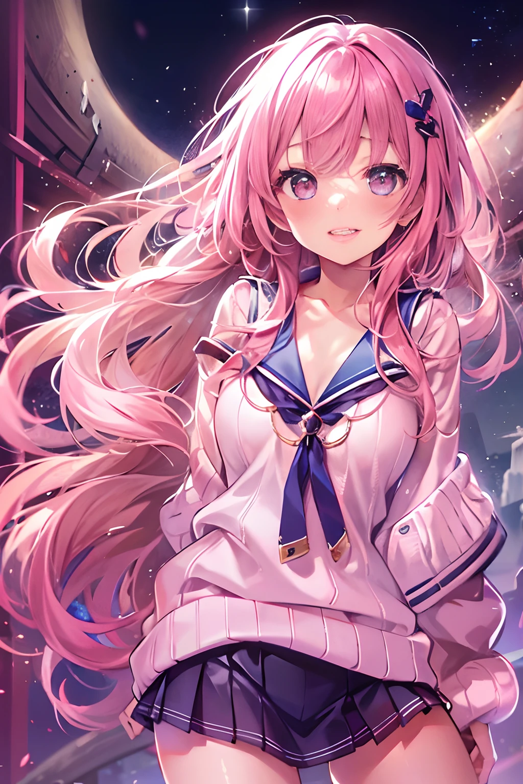 (((tmasterpiece)))、(((top-quality)))、((ultra - detailed))、(illustratio)、((Extremely Delicately Beautiful))、Bright smile、Floating、A pink-haired、(Detailed light) (1girl in)、独奏、long whitr hair、The wind is blowing、A WORLD、(adorable eyes)、Realistic, ultra - detailed, (Shiny skin,), Slender, Solo, Miniskirt, Long hair, Pink hair, Pink eyes, (Thick thighs:0.5), Dynamic lighting, high resolution, Sharp focus, depth of fields, Medium breasts, masutepiece, Best quality, Ultra-detailed, illustration, Ultra-detailed face, best quality face, 18 years old, Adult, intricate outfits, Sexy pose, Sparkling pink sailor suit, Cute, kawaii,, finely quality eyes, Blushing, Red cheeks, Glowing eyes, fluffy sweater, Skirt, parted lip, Blush, Cute, , finely quality eyes, Embarrassed expression, Long_Hair, Blushing, Moon, starrysky_skyporn, Photorealistic, Asian, woman, mix4