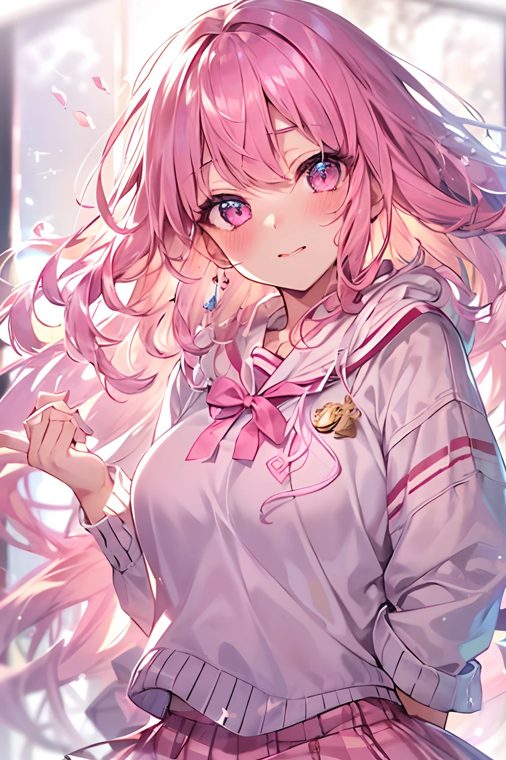 1girl. pink hair.long hair.twintails.{}.short stature.small breast.white t-shirts.skirt. (((masterpiece))).(((best quality))).)((ultra-detailed))).(((illustration))).(((night view))).((blush)).((Opening Mouth)).((Open your eyes)).((Surprised face)).
