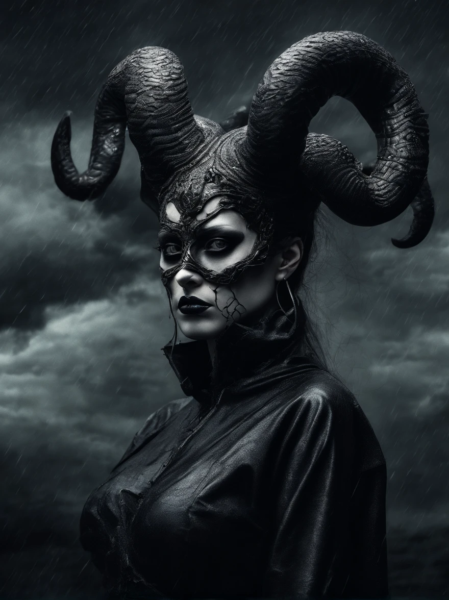 photo realistic,, realistic dark, surreal, beautiful exotic demon woman with large ram horns and a Carnevale di Venezia mask, large breasts wearing an open long black latex robe showing her nude body underneath, medusa, snake woman, giger, scary aesthetic, nightmare, windy, RAINSTORM, LIGHTNING, giger, necronomicon, visceral,nightmare,imagination,fantastical,dramatic,dark tones,paranormal,surreal juxtaposition,cosmic horror,horror, realistic detailed, film noir,