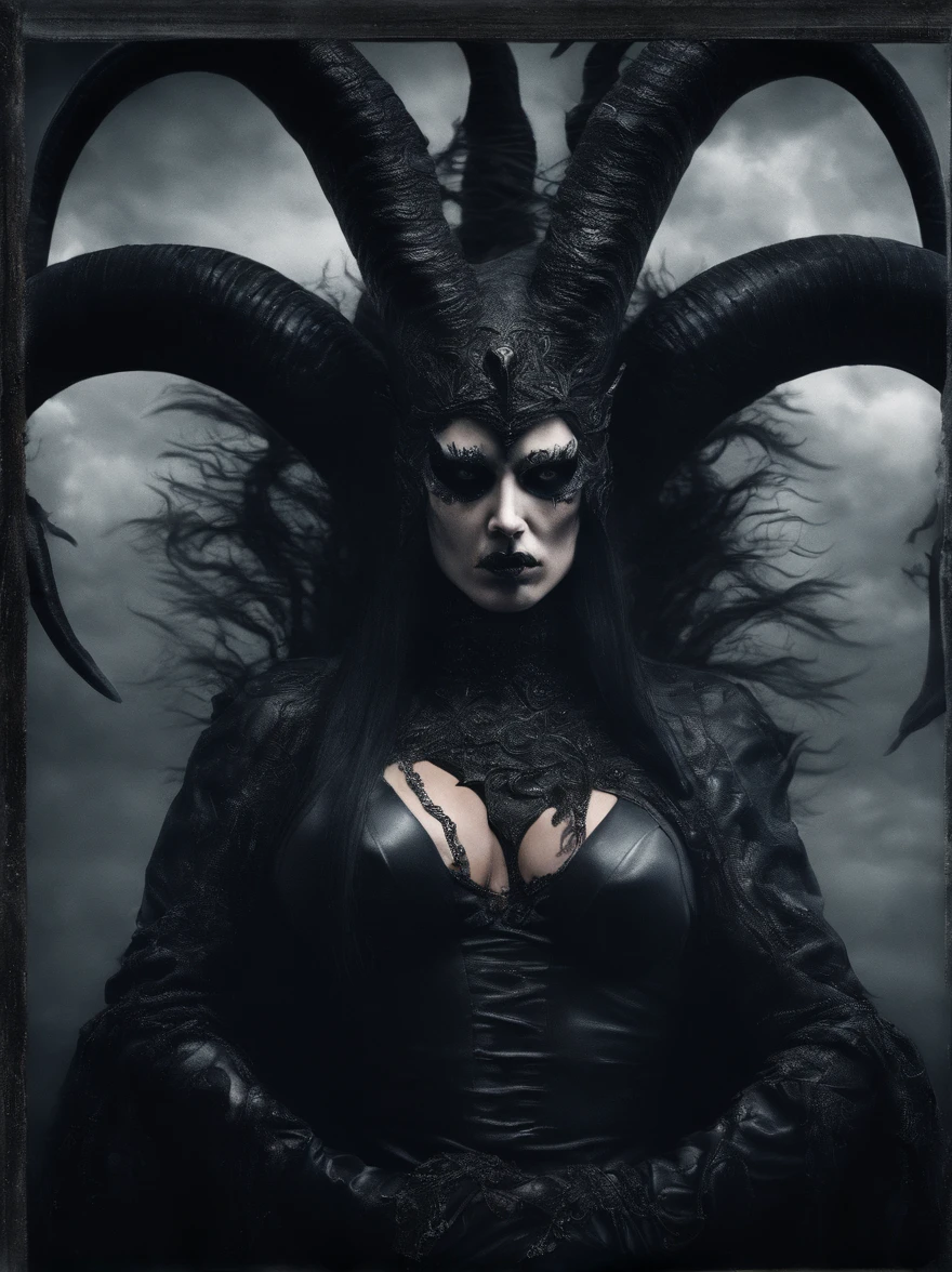 photo realistic,, realistic dark, surreal, beautiful exotic demon woman with large ram horns and a Carnevale di Venezia mask, large breasts wearing an open long black latex robe showing her nude body underneath, medusa, snake woman, giger, scary aesthetic, nightmare, windy, RAINSTORM, LIGHTNING, giger, necronomicon, visceral,nightmare,imagination,fantastical,dramatic,dark tones,paranormal,surreal juxtaposition,cosmic horror,horror, realistic detailed, film noir,