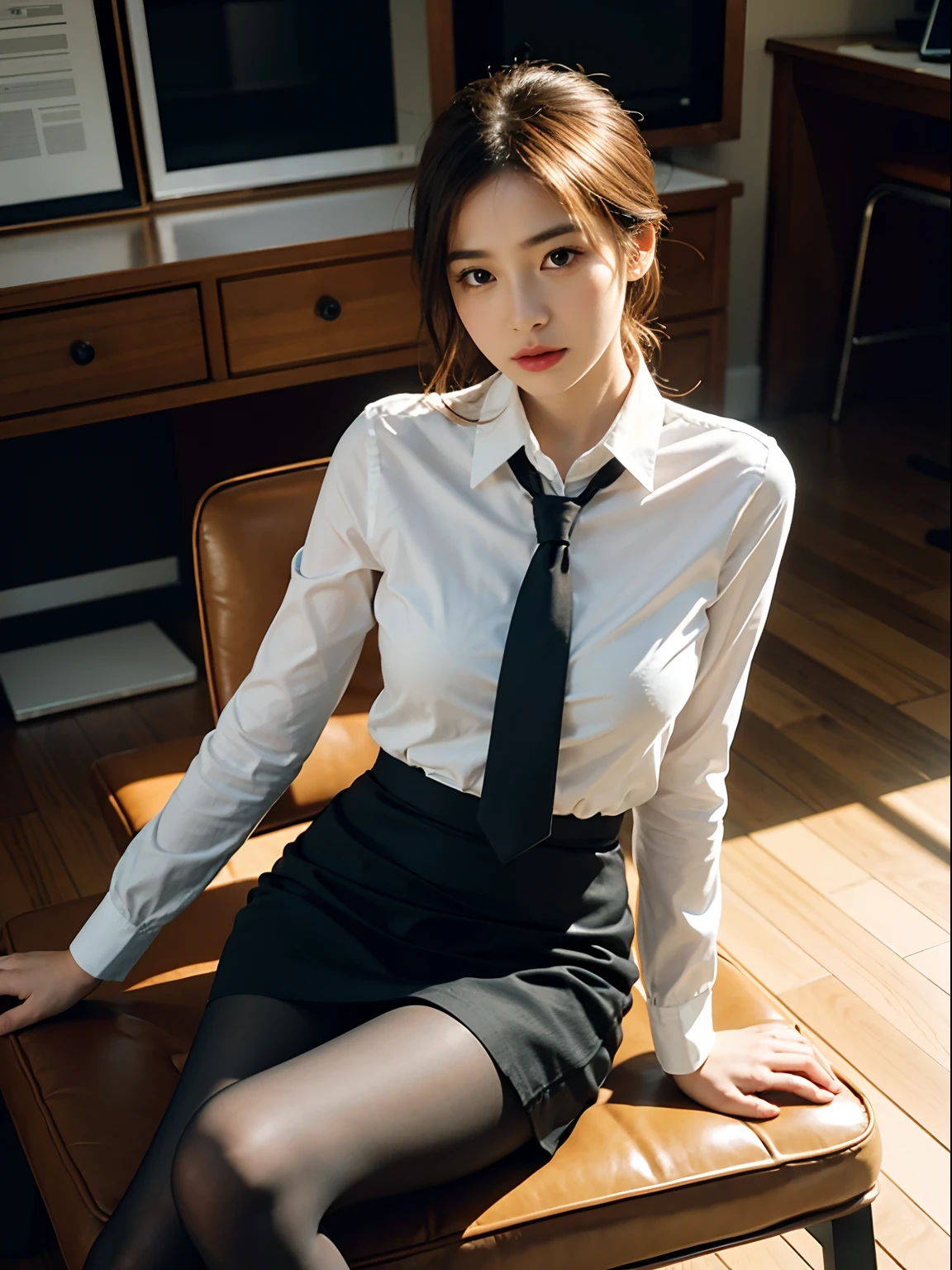 1girl,young girl, shiny skin,medium breasts,nice leg line:1.3, thin waist,school uniform, thighhighs,necktie,((pencil skirt)),looking at viewer,from below,( pantyhose:1.3),(The golden ratio figure),(Office, sit in a chair:1.3),Close range
masterpiece, best quality, best perspective, ultra-detailed and intricate, extremely delicate and beautiful, best quality light, (ray tracing:1.1), anti-aliasing,
realistic,photorealistic,award-winning illustration,(intricate details:1.2),(delicate detailed) (intricate details),(cinematic light,best quality Backlights),clear line,sharp focus,official art,unity 8k wallpaper,absurdres,incredibly absurdres,huge filesize,ultra-detailed,highres,extremely detailed extremely delicate and beautiful,RAW photo, professional lighting,dynamic lighting,light on the face,depthoffield,solofocus,