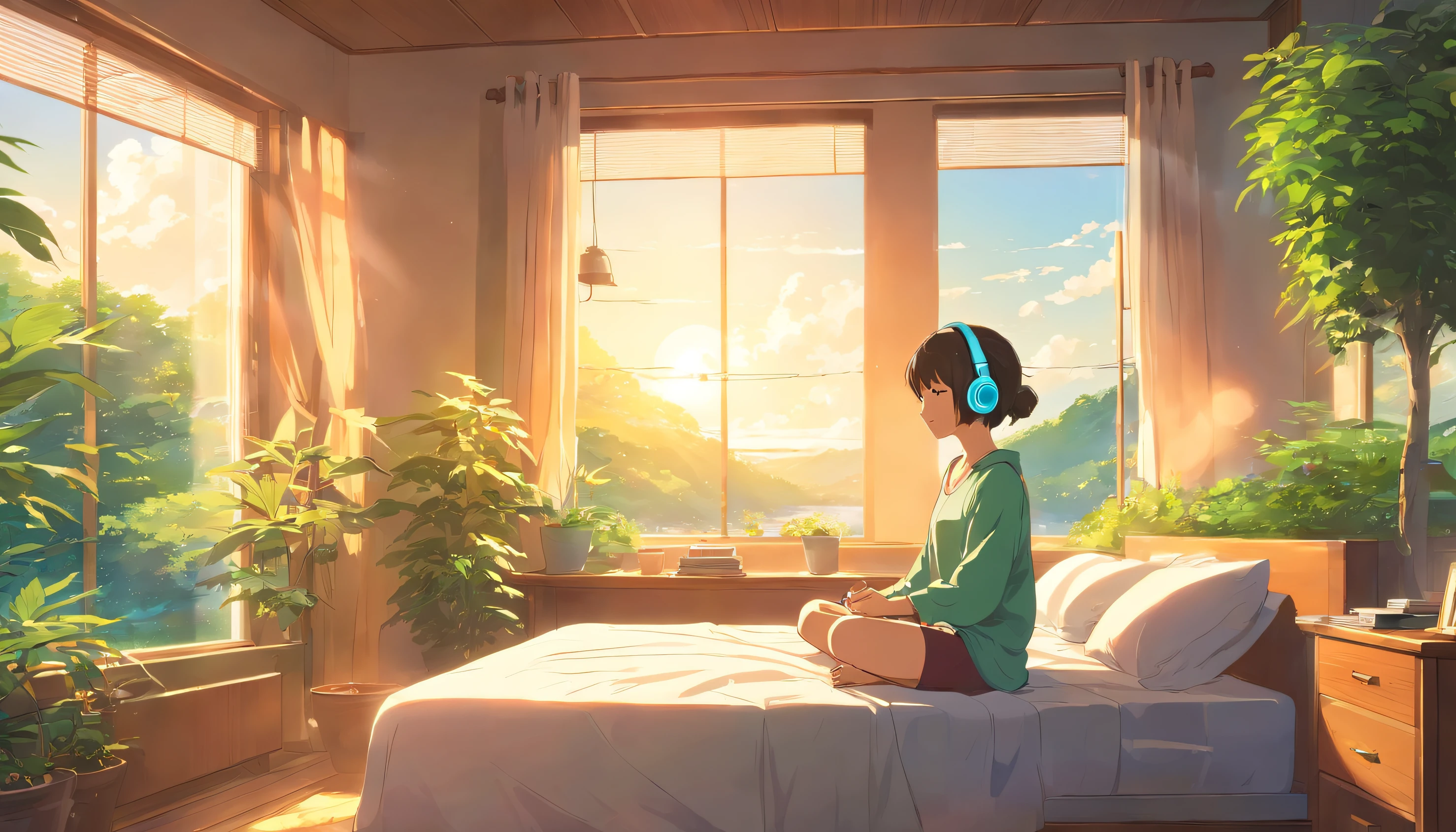 Girl wearing headphones, Meditating, Open Window, Bedroom, tranquil ambiance, Soft sunlight, Cozy atmosphere, Relaxing music, Serene expression, Closed eyes, comfortable seating, wooden floor, floral curtains, Green plants, Natural breeze, Calm atmosphere, the soft light, serene environment, stillness, Harmony, inner peace, deep relaxation, Soothing colors, positive energy, Mindfulness, Solitude, introspective, The inner journey, peacful, Escape the outside world