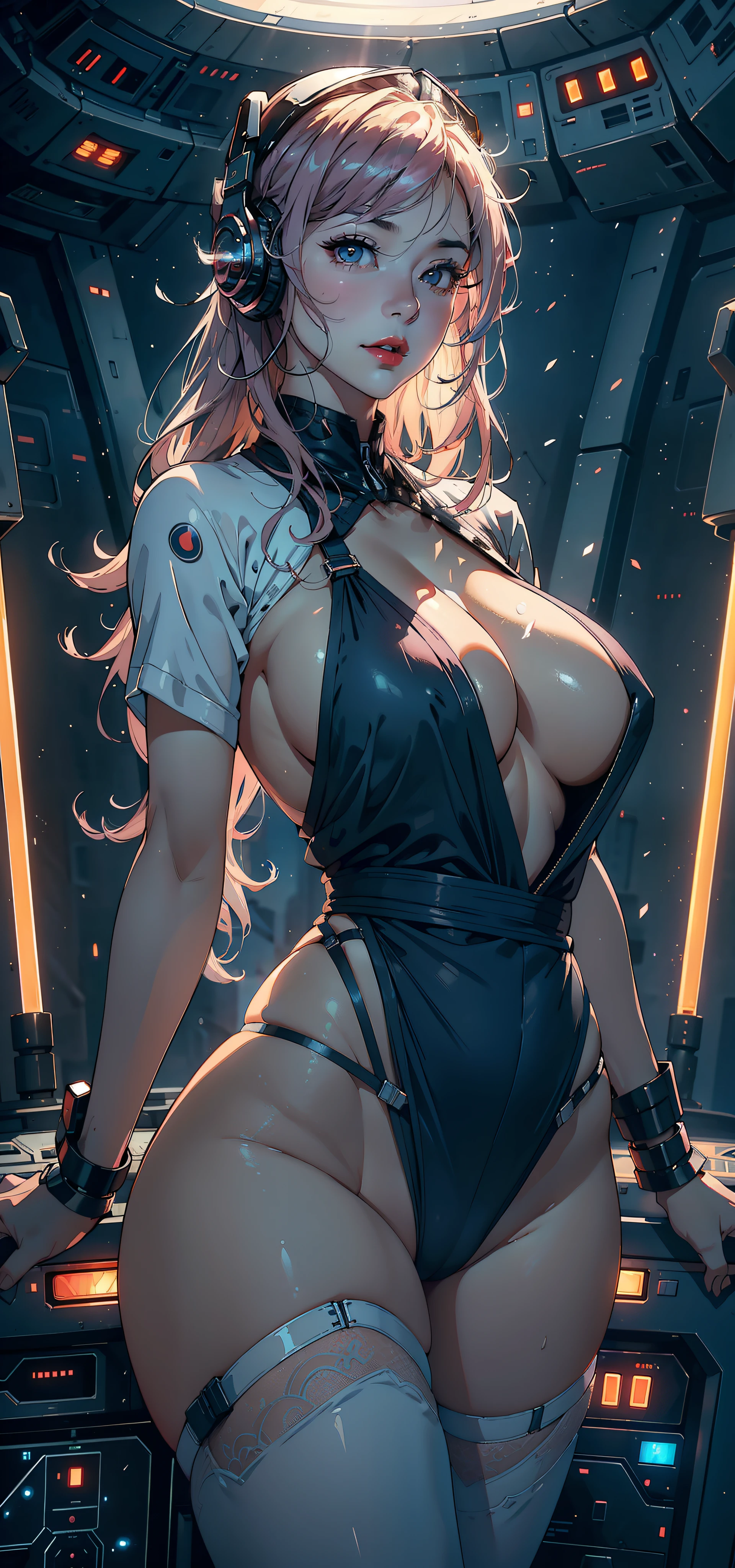 1female，45 yers old，Married Woman，熟妇，mature，plumw，extremely large bosom，Big breasts Thin waist，long leges， 独奏，（Background with：，star war，Huge spaceship，deathstar，） She has long pink hair，bobo head，，seen from the front， Stand in a spaceship， mostly cloudy sky，（（（tmasterpiece），（Very detailed CG unity 8K wallpaper），best qualtiy，cinmatic lighting，detailed back ground，beatiful detailed eyes，Bright pupils，Black eyes，Snow-whiteskin，Redlip（Very fine and beautiful），（Beautiful and detailed eye description），ultra - detailed，tmasterpiece，））facing at camera，A high resolution，ultra - detailed），laughingly，revealing breasts，Bare genitalia，  Bulge，legs are open，Raised sexy，Camel toes，Flushed complexion，Desire for dissatisfaction，frontage，（Wearing：headset on head，baseball cap，Transparent apron，Transparent kimono）cyber punk style