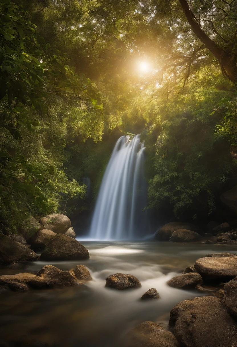 "Imagine uma cena da natureza em seu estado mais puro e exuberante. You find yourself on the edge of a serene river, whose waters flow peacefully, Mirroring the blue sky above. As the river follows its course, You observe small waterfalls, creating soft murmurs of water that echo in the landscape.

Ao redor do rio, A profusion of flowers blooms in vibrant colors. Margaridas, lilies, Wild roses and sunflowers paint the landscape with shades of white, amarelo, rosa e vermelho. The air is impregnated with the sweetness of the floral fragrances emanating from these flowers.

in sky, A group of birds fly in circles, Dancing in the air currents. You see a variety of species, como andorinhas, Sparrows and eagles, Creating an aerial spectacle of freedom and grace. Seus cantos e trinados se misturam, criando uma sinfonia natural.

A luz do sol, That spills through the green leaves of the surrounding trees, ilumina a cena com um brilho suave e caloroso. Butterflies dance among the flowers, adding even more charm to the scene.

You feel immersed in the tranquility of nature, conectando-se com a beleza e a serenidade deste lugar. O som suave do rio, The singing of birds and the sight of flowers in full bloom create a sense of peace and awe for the wonder of natural life."

Use this description to create a mental image of a natural scene that inspires calm and appreciation for nature.