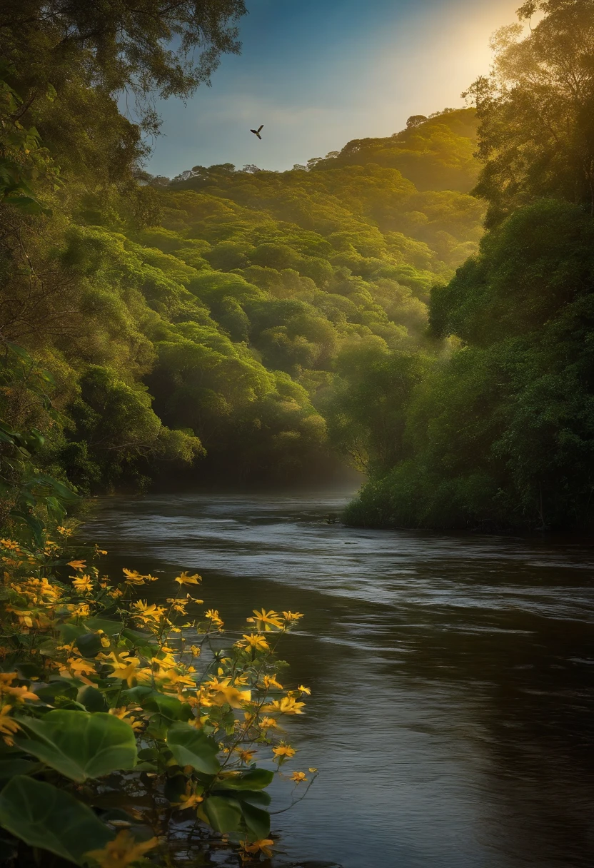 "Imagine uma cena da natureza em seu estado mais puro e exuberante. You find yourself on the edge of a serene river, whose waters flow peacefully, Mirroring the blue sky above. As the river follows its course, You observe small waterfalls, creating soft murmurs of water that echo in the landscape.
Ao redor do rio, A profusion of flowers blooms in vibrant colors. Margaridas, lilies, Wild roses and sunflowers paint the landscape with shades of white, amarelo, rosa e vermelho. The air is impregnated with the sweetness of the floral fragrances emanating from these flowers.
in sky, A group of birds fly in circles, Dancing in the air currents. You see a variety of species, como andorinhas, Sparrows and eagles, Creating an aerial spectacle of freedom and grace. Seus cantos e trinados se misturam, criando uma sinfonia natural.
A luz do sol, That spills through the green leaves of the surrounding trees, ilumina a cena com um brilho suave e caloroso. Butterflies dance among the flowers, adding even more charm to the scene.
You feel immersed in the tranquility of nature, conectando-se com a beleza e a serenidade deste lugar. O som suave do rio, The singing of birds and the sight of flowers in full bloom create a sense of peace and awe for the wonder of natural life."
Use this description to create a mental image of a natural scene that inspires calm and appreciation for nature.