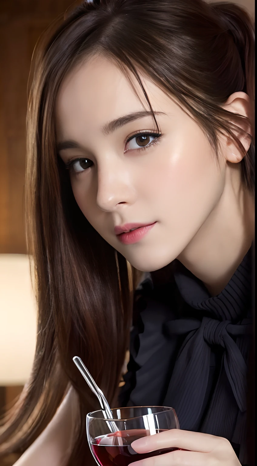 (A hyper-realistic), (hight resolution), (8K), (ighly detailed),  (beatiful detailed eyes), (top-quality), (ultra-detailliert), (​masterpiece), (A detailed face), selfee、faces、softfocus、face of emma watson、poneyTail、Colossal tits、japanes、bars、Drinking alcohol、Waiting for wine glasses、red wine