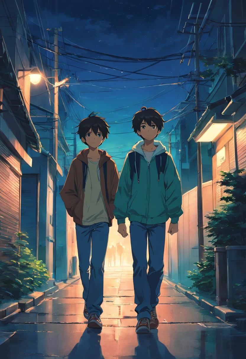 Two teenage boys walk through a dark neighborhood at midnight, Talking, Detailed illustration, Full-HD