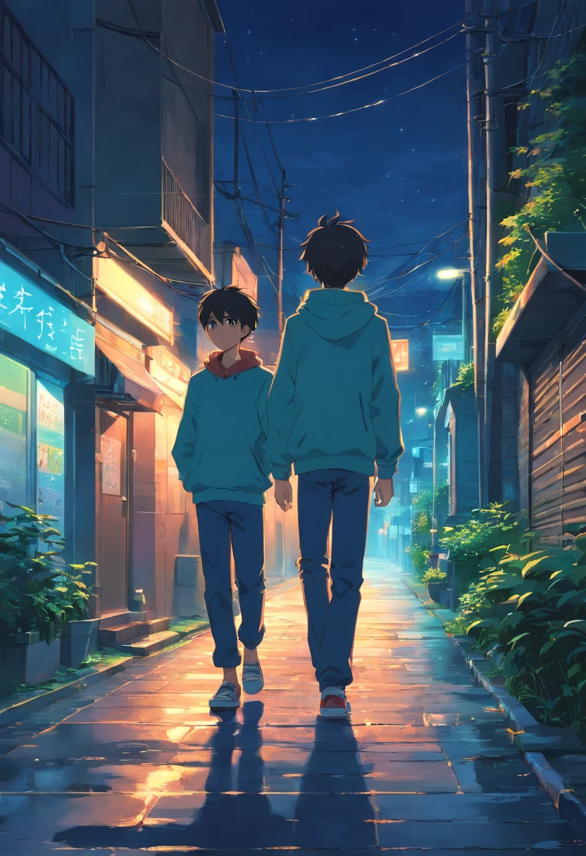 Two teenage boys walk through a dark neighborhood at midnight, Talking, Detailed illustration, Full-HD