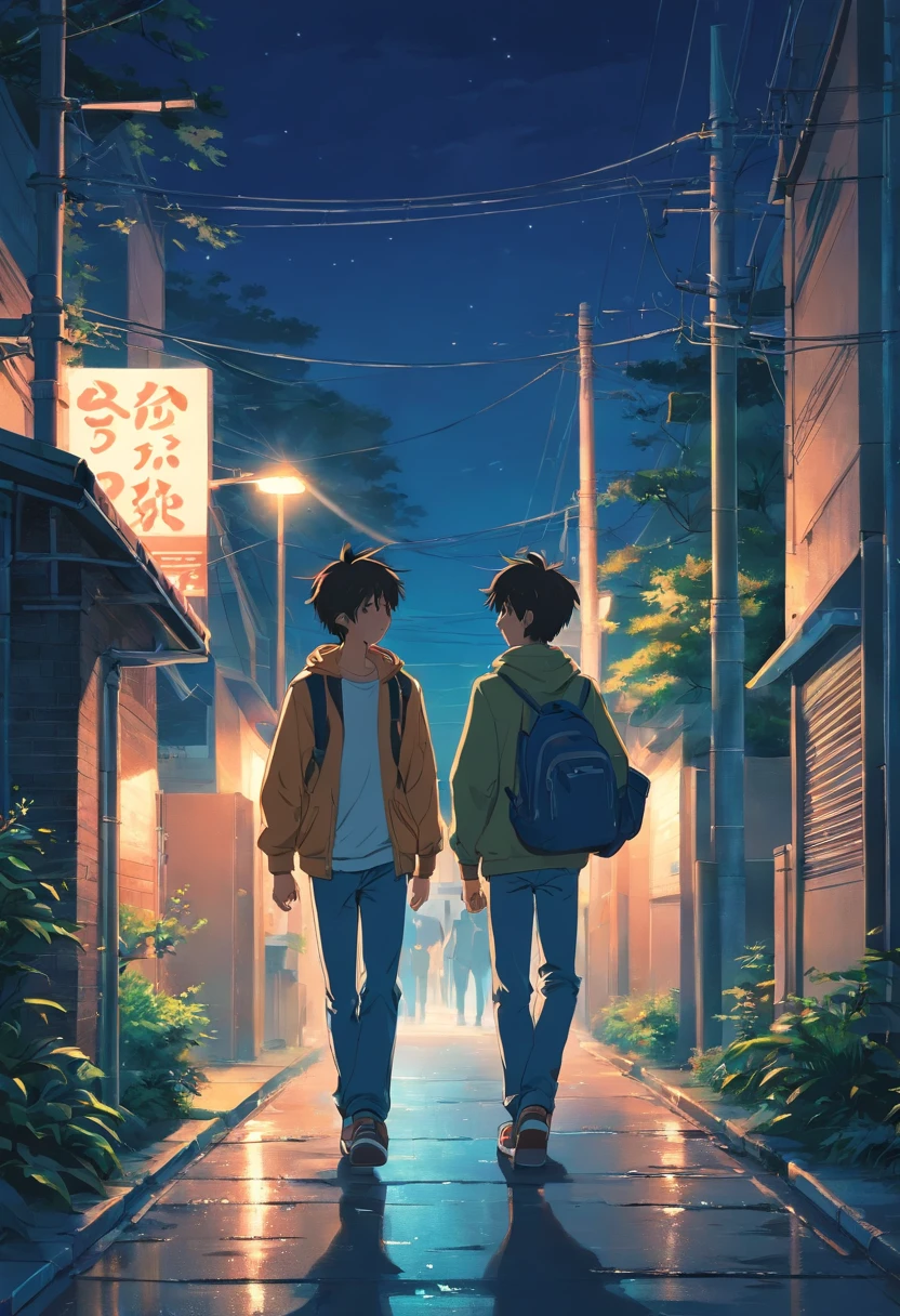 Two boys walk through a dark neighborhood at midnight, Talking, Detailed illustration, Full-HD