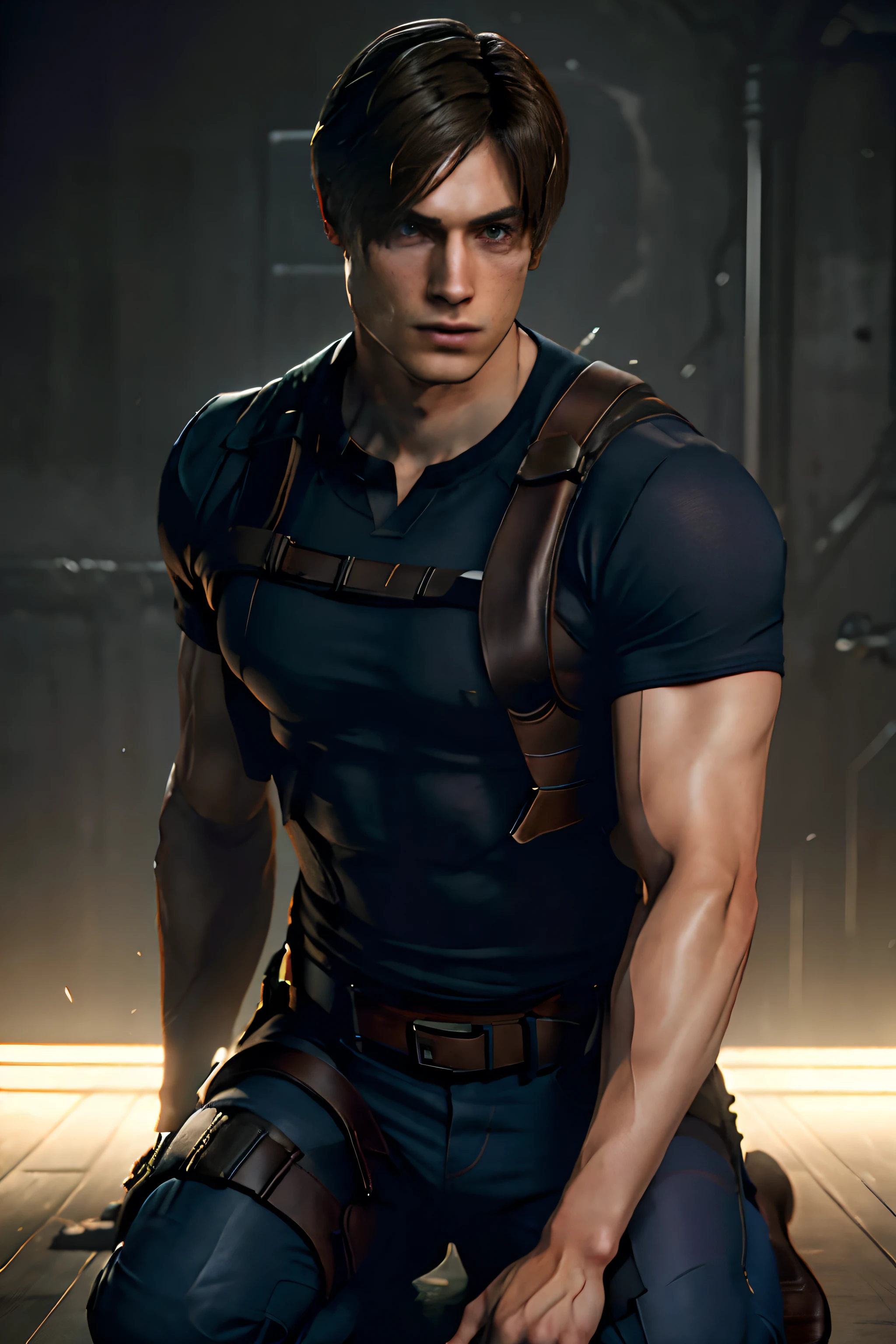 1 man, young man, 27 years old, Leon S. Kennedy from the movie "Resident Evil 4", Eudard Badaluta's face, solo,Dark brown hair, Curtain hairstyle, white T-shirt, kneeling, sports surround lighting, depth of field