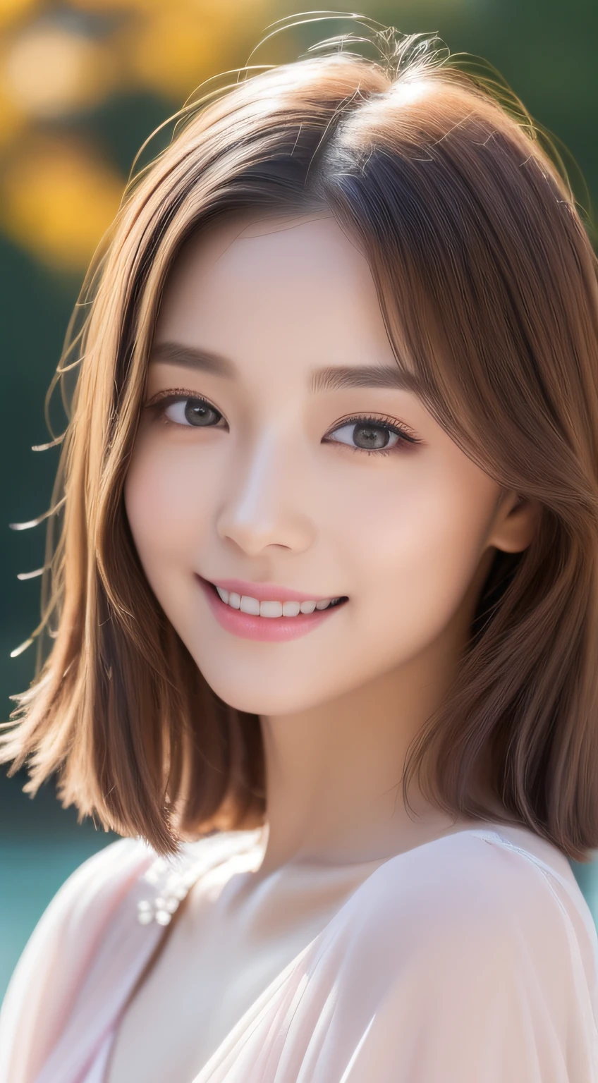 (photographed:1.2)、(Photorealsitic:1.4)、(masterpiece:1.3)、(top-quality:1.4)、超A high resolution、(A detailed eye)、(detailed facial features)、(detailed clothes features)、8K分辨率、solofocus、bangss、Double eyelids、Beautiful lips、toned legs、(Slender girl)、(a japanese girl)、(Japan Faces)、1 girl in、Slim Beauty:1.3、(((Hair color is ash brown)))、Delicate hair、((The background is a mountain of autumn leaves々))、Lake with autumn leaves reflected、Girl by the lake、(((Pink long coat)))、(((The inner is a white dress)))、(Beautiful breasts:1.2)、Realistic body、de pele branca、Slim body、(short-hair:1.2)、(bangss: 1.2)、Bruising smile、kawaii faces、Lifelike face、Delicate body、((sexy pose))、stunning lighting
