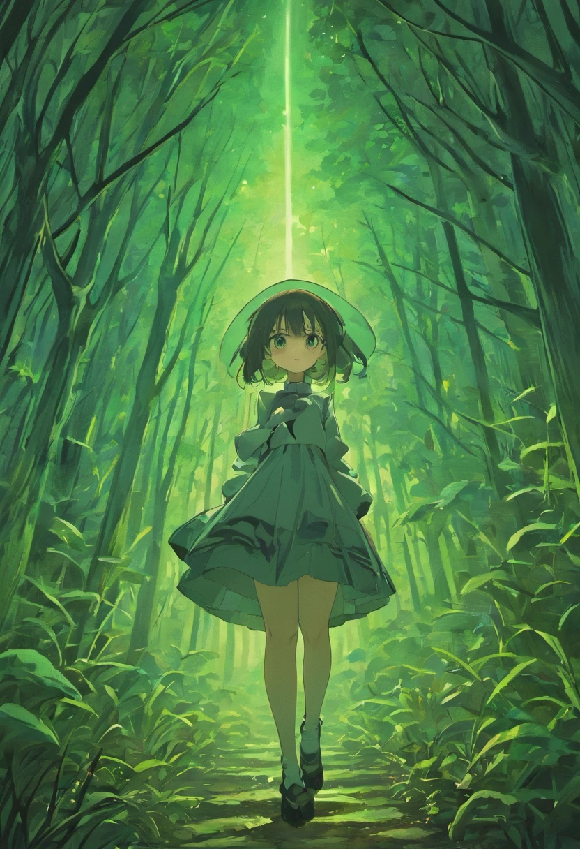 [author：Junji Ito], Dark horror landscape, [Detailed shadows], [venat], (Bioluminescent mushroom forest), 1girll, Huge cosmic eyes, streaming tears, Spiral fungi, hdr