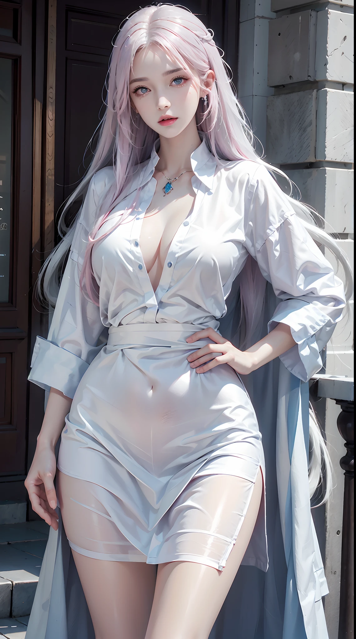 photorealistic, high resolution, 1women, shining skin, solo, tattoo, jewelry, pink lip, long hair, white hair, blue eye, closed mouth, hips up, shirt dress