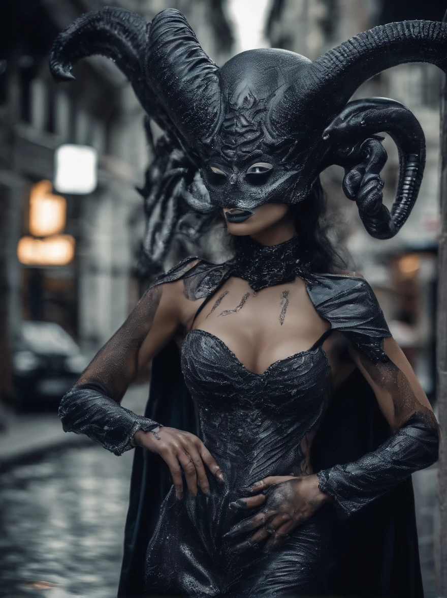 photo realistic,, realistic dark, surreal, beautiful exotic demon woman with large ram horns and a Carnevale di Venezia mask, large breasts wearing an open long black latex robe showing her nude body underneath, medusa, snake woman, giger, scary aesthetic, nightmare, windy, RAINSTORM, LIGHTNING, giger, necronomicon, visceral,nightmare,imagination,fantastical,dramatic,dark tones,paranormal,surreal juxtaposition,cosmic horror,horror, realistic detailed, film noir,