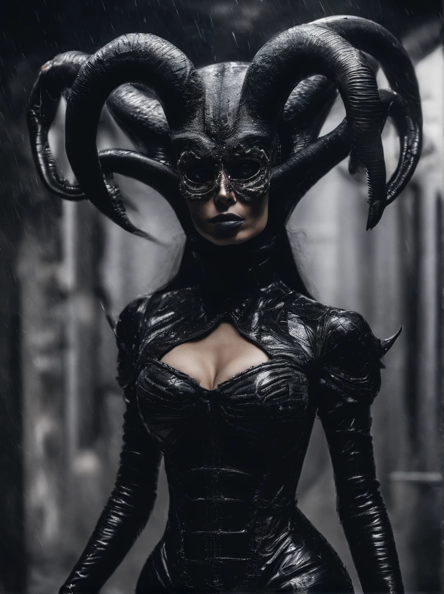 photo realistic,, realistic dark, surreal, beautiful exotic demon woman with large ram horns and a Carnevale di Venezia mask, large breasts wearing an open long black latex robe showing her nude body underneath, medusa, snake woman, giger, scary aesthetic, nightmare, windy, RAINSTORM, LIGHTNING, giger, necronomicon, visceral,nightmare,imagination,fantastical,dramatic,dark tones,paranormal,surreal juxtaposition,cosmic horror,horror, realistic detailed, film noir,