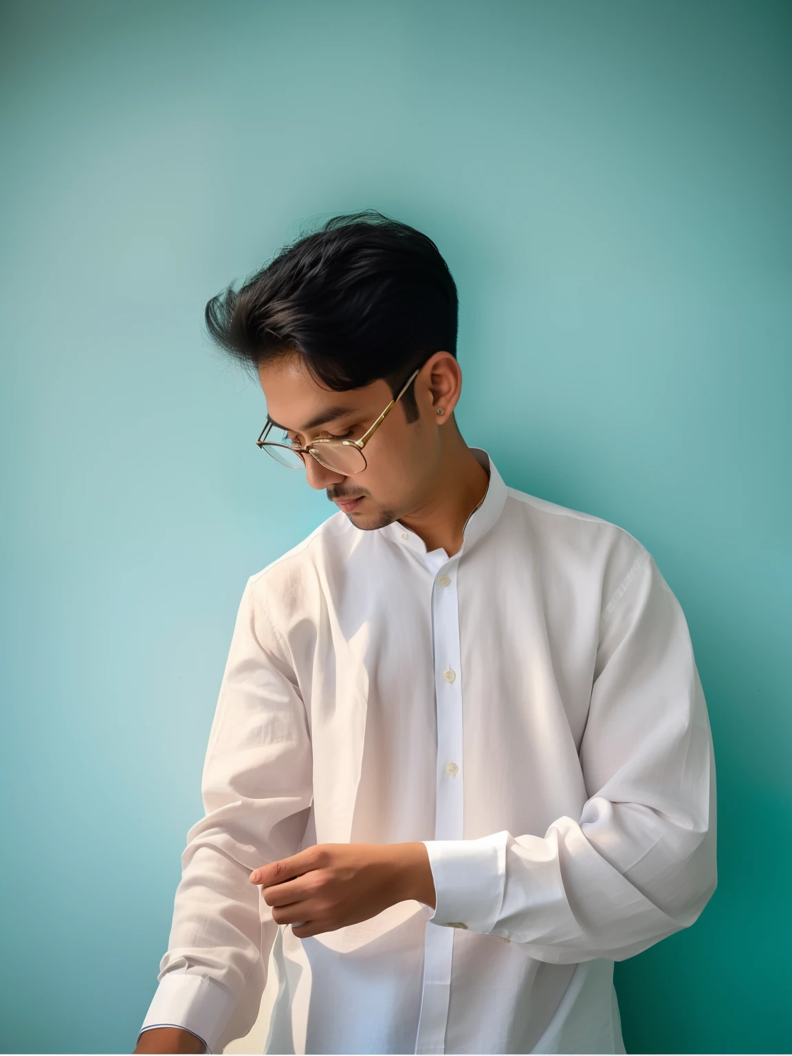 there is a man standing in front of a white wall using a cell phone, wearing a light blue shirt, with teal clothes, blue shirt, inspired by Basuki Abdullah, mohamed chahin style, wearing a linen shirt, nivanh chanthara, mohamed chahin, wearing in shirt, wearing a kurta, profile shot, thawan duchanee