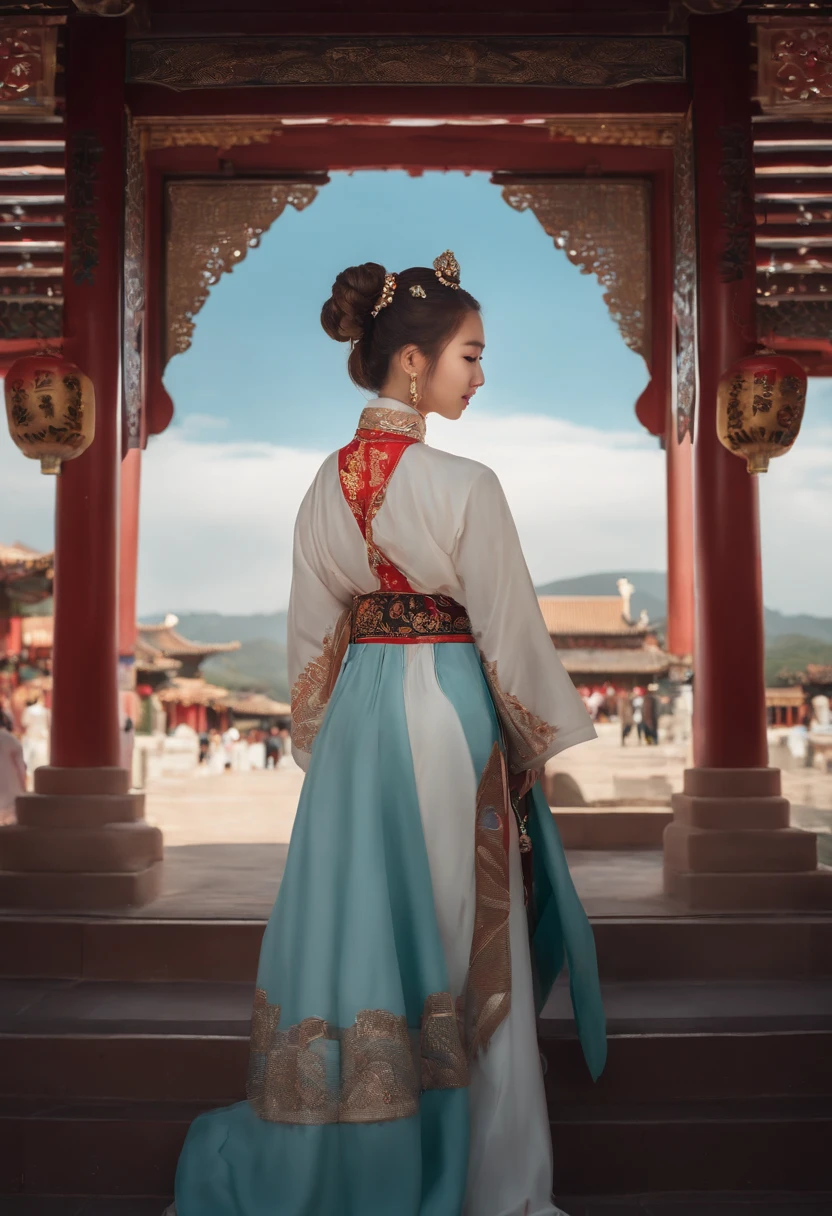 Kpop Idol: 1.2, mix4, 1 Korean girl, 14 years old, (light eyebrow: 1.4), shiny brown eyes, Bun head, tied two braids, ancient city, Chinese temple, High hills, Beautiful detail sky, Street (Large crowds:1.2), Night, (nose blush), Hanfu, Happy, Smile