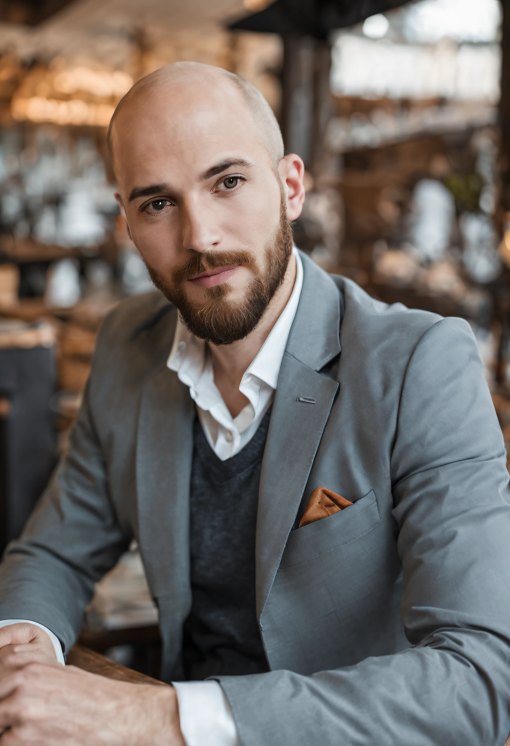 Bald male, age 25, very slim built, beard, wearing smart casual clothes, blazer, black boats, in a cafe.
