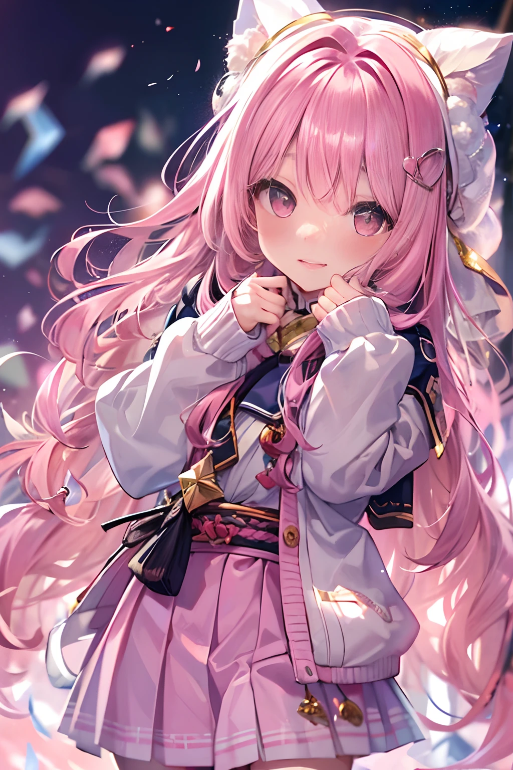 (((tmasterpiece)))、(((top-quality)))、((ultra - detailed))、(illustratio)、((Extremely Delicately Beautiful))、Bright smile、Floating、A pink-haired、(Detailed light) (1girl in)、独奏、long whitr hair、The wind is blowing、A WORLD、（adorable eyes）、Realistic, ultra - detailed, (Shiny skin,), Slender, Solo, Miniskirt, Long hair, Pink hair, Pink eyes, (Thick thighs:0.5), Dynamic lighting, high resolution, Sharp focus, depth of fields, Medium breasts, masutepiece, Best quality, Ultra-detailed, illustration, Ultra-detailed face, best quality face, 18 years old, Adult, intricate outfits, Sexy pose, Sparkling pink sailor suit, Cute, kawaii,, finely quality eyes, Blushing, Red cheeks, Glowing eyes, fluffy sweater, Skirt, parted lip, Blush, Cute, , finely quality eyes, Embarrassed expression, Long_Hair, Blushing, Moon, starrysky_skyporn, Photorealistic, Asian, woman, mix4