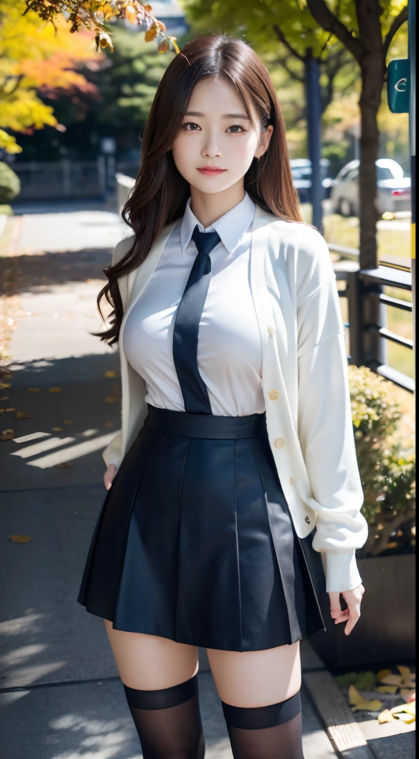 mix4, (16 K, Raw photography, Top image quality, masterpiece: 1.45), (realisitic, Photorealsitic: 1.37), one girls, Random hairstyle、Standing figure,Glossy bean peel、Morning time slot、a very cute,a park,Trees with autumn leaves, profetional lighting, photon maping、physically-based renderingt, Gradient dark brown hair,, a handsome, Well-groomed and beautiful eyes、Large double eyelids、Very shiny、girl with, (((校服、Winter clothes、Uniforms worn by Japan female students、White shirt、White cardigan、Dark blue color、Black mini skirt、high socks、lowfers))), Top Quality Photos, hight resolution, 1080p, (clearface), (Detailed face description), (Detailed hand description), (masterpiece), (Exquisite CG)、extreme light and shadows、dishevled hair、master work、abundant detail、(Fine facial features)、(top quality photo)、(masuter piece)、(A detailed eye)、Looking at the camera、Fine clavicle、((Slender big))、(((Japan schoolgirl in uniform)))、((Ready Idol System))、((a park、Slide、The fountain、seesaw))、(((neat and cute)))、耳?????? Ring、A big smile、Drawing the whole body from the knees、Do not draw nasolabial folds、(((Cute uniform)))、(Big breasts that hang down big:1.4)、Big buttocks with tension、Two arms and two legs、(((from the front side:0.2)))、bare hand、No mask、Ginkgo in autumn leaves