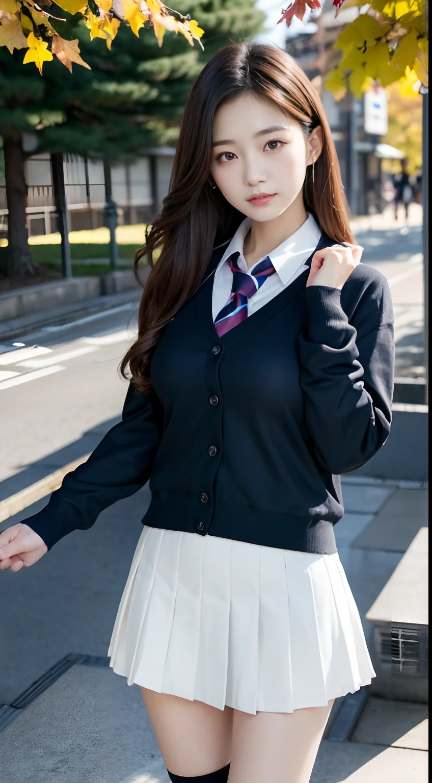 mix4, (16 K, Raw photography, Top image quality, masterpiece: 1.45), (realisitic, Photorealsitic: 1.37), one girls, Random hairstyle、Standing figure,Glossy bean peel、Morning time slot、a very cute,a park,Trees with autumn leaves, profetional lighting, photon maping、physically-based renderingt, Gradient dark brown hair,, a handsome, Well-groomed and beautiful eyes、Large double eyelids、Very shiny、girl with, (((校服、Winter clothes、Uniforms worn by Japan female students、White shirt、White cardigan、Dark blue color、Black mini skirt、high socks、lowfers))), Top Quality Photos, hight resolution, 1080p, (clearface), (Detailed face description), (Detailed hand description), (masterpiece), (Exquisite CG)、extreme light and shadows、dishevled hair、master work、abundant detail、(Fine facial features)、(top quality photo)、(masuter piece)、(A detailed eye)、Looking at the camera、Fine clavicle、((Slender big))、(((Japan girl in uniform)))、((Ready Idol System))、((a park、Slide、The fountain、seesaw))、(((neat and cute)))、耳Nipple Ring、A big smile、Drawing the whole body from the knees、Do not draw nasolabial folds、(((Cute uniform)))、(Big breasts that hang down big:1.4)、Big buttocks with tension、Two arms and two legs、(((from the front side:0.2)))、bare hand、No mask、Ginkgo in autumn leaves