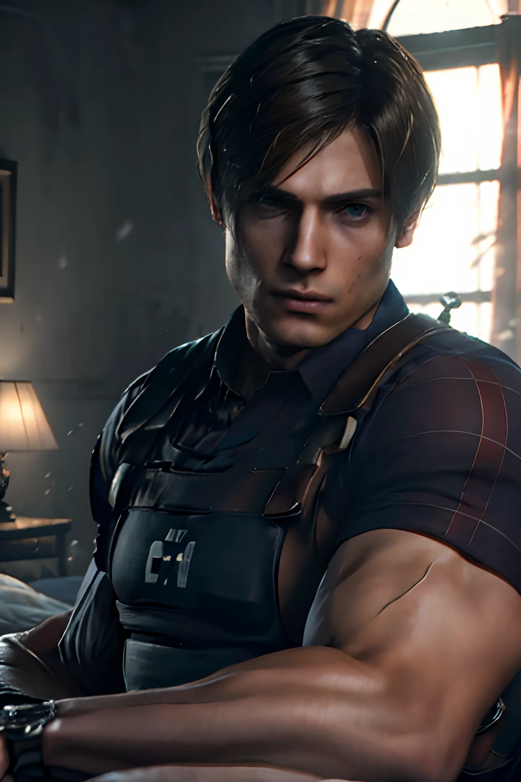 1 man, young man, 27 years old, Leon S. Kennedy from the movie "Resident Evil 4", Eudard Badaluta's face, solo,Dark brown hair, Curtain hairstyle, plaid shirt, lying on the bed, sporty, volumetric lighting, depth of field