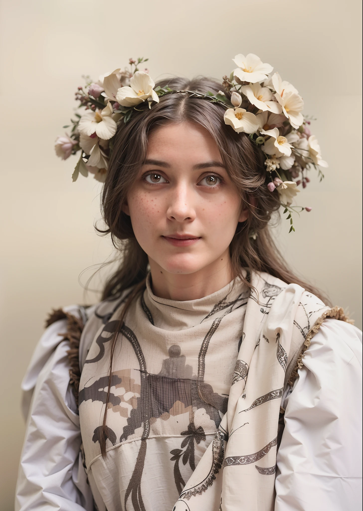 arafed woman with a flower crown on her head, autochrome pearl portrait, colorized 1 9 0 4 photo, old color photo, old color photograph, vintage color photo, hand - tinted, 4 k photo autochrome, autochrome, colourized, colourised, award winning autochrome photo, color portrait, autochrome photograph, a colorized photo, High quality image, masterpiece, detailed hair texture, detailed skin texture, detailed cloth texture, 8k, add fabric details, ultra detailed skin texture, ultra detailed photo, skin pores, cloth details, high skin details, realistic hair details