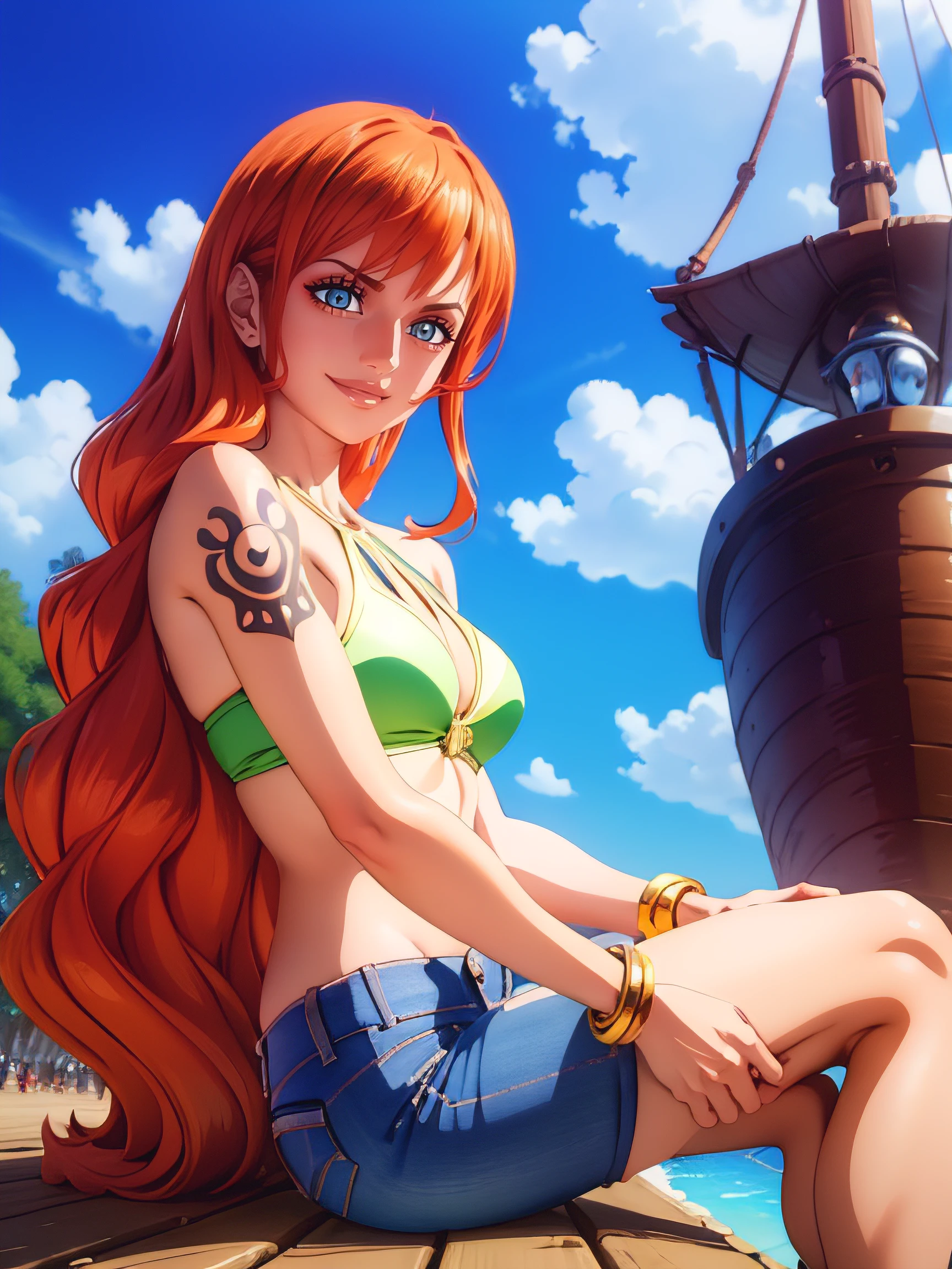 (((masterpiece+best quality+high resolution+ultra-detailed))), 1girl with clima-tact, Nami, long silky orange hair, high nose, sharp eyes, noble and inviolable temperament, (([female]: 1.2 + [beauty]: 1.2 + orange long hair: 1.2)), pirate ship background, blue sky, clouds, log pose, gold bracelets, revealing green and white bikini halter top, tight low-rider jeans, shoulder tattoo, bright eyes, dynamic angle and posture. Jeans, smile