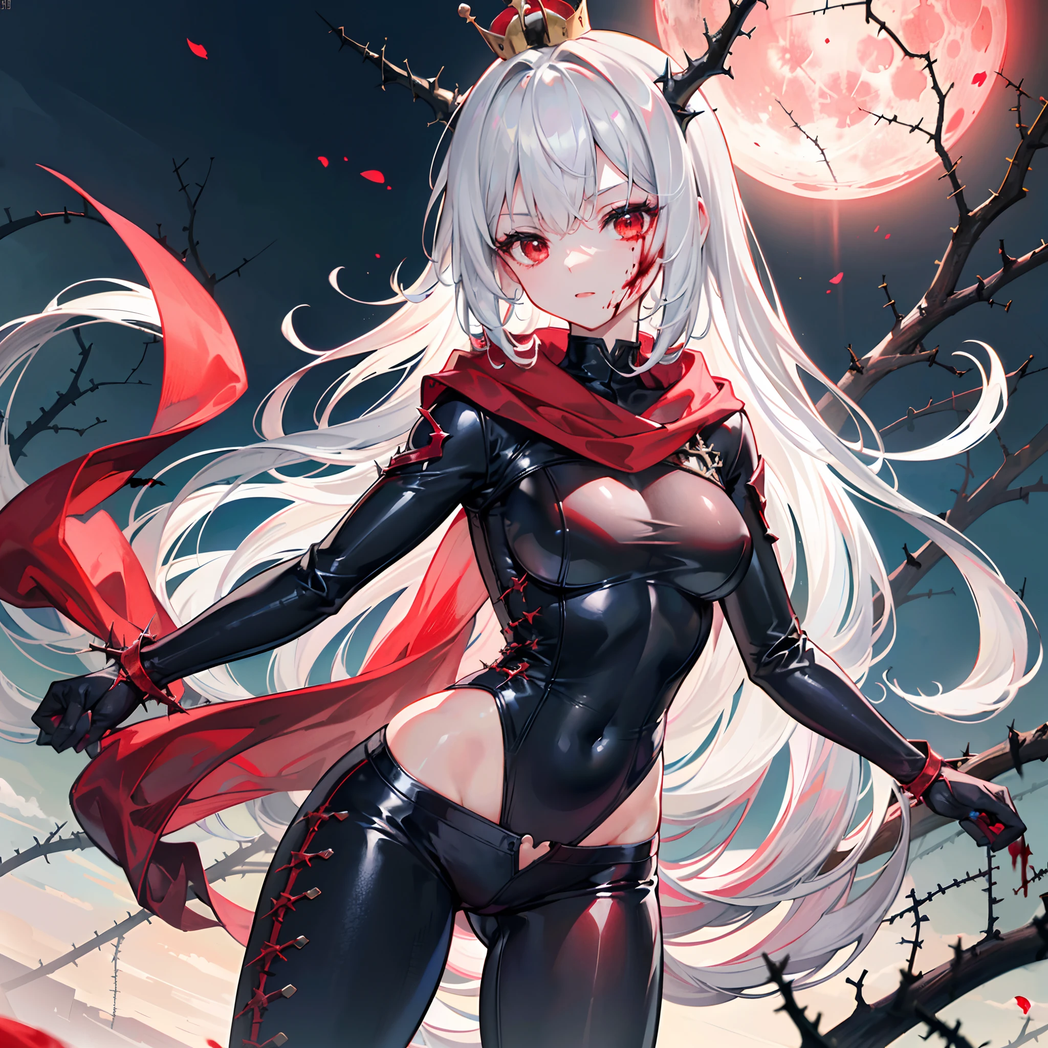 hyper HD, retinas, Anatomically correct, Textured skin, Super detail, Best quality, A high resolution(细腻细致), (Intricate details), (Cinematic light, 最优质的背光), 清晰的线条,(Facial focus) ,Very detailed CG unity 8K wallpaper,hugefilesize,ultra - detailed,A high resolution,absurderes,beautidful eyes,Ray traching,dramatic shadow,finely detailled,Dramatic angles,Hyper-detailing,(1 girl:1.3),(Solo),teens girl,white color hair,(Red eyes:1.3),(Blood-red crown of thorns:1.3)+(Black shirt,Gray equestrian pants：1.3)+(Red shawl on the right：1.3)+(//Knight hand armor:1.3//),groin,(atheletic body:1.2),(Nightmare night:1.3)+(red full moon:1.3)+(Stand on the canyon)+[(Inception:1.2)]