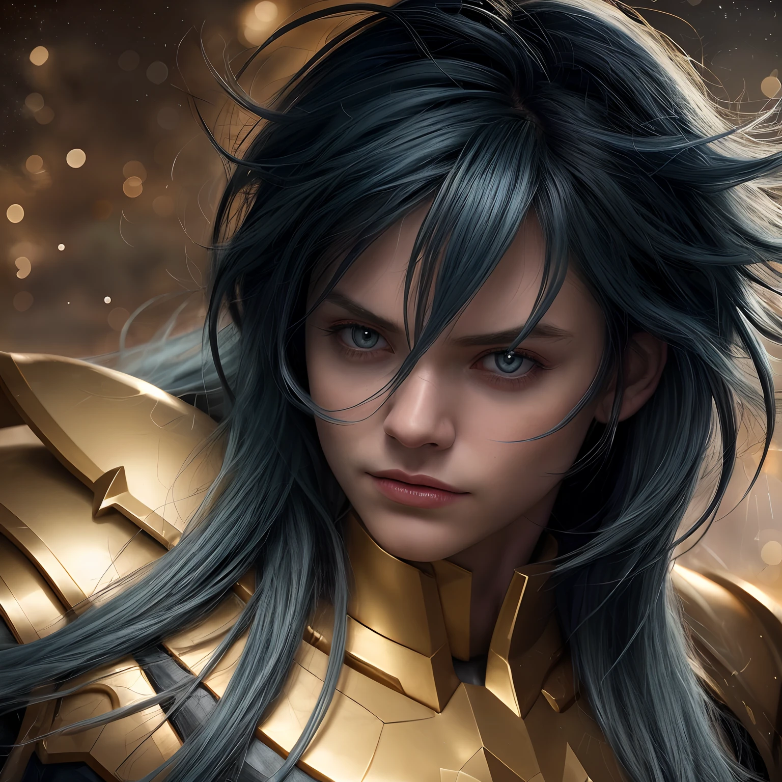 cinemactic, incrivelmente detalhado e ultrarrealista, Camus of Aquarrius Saint Seiya. Close up. He's wearing pretty realistic golden armor. Armadura dourada brilhante. ((Bright golden armor)). Armadura com brilho natural. Octane is the perfect tool to capture the softest details of this 16k photography masterpiece. He is a handsome white man about ((40 years)) old. 1 homen. ((French man)). beautiful face. Rosto detalhado. Nariz bonito. Nariz fino e alongado. (Olhos azuis muito grandes). Cold expression. olhos perfeitos. Cold expression. ((depilado)). Strong expression. He has long ((light petrol blue)) hair. messy hair with bangs. messy hair. Pelas de rosas flutuando em torno ele. Landscape starry sky.