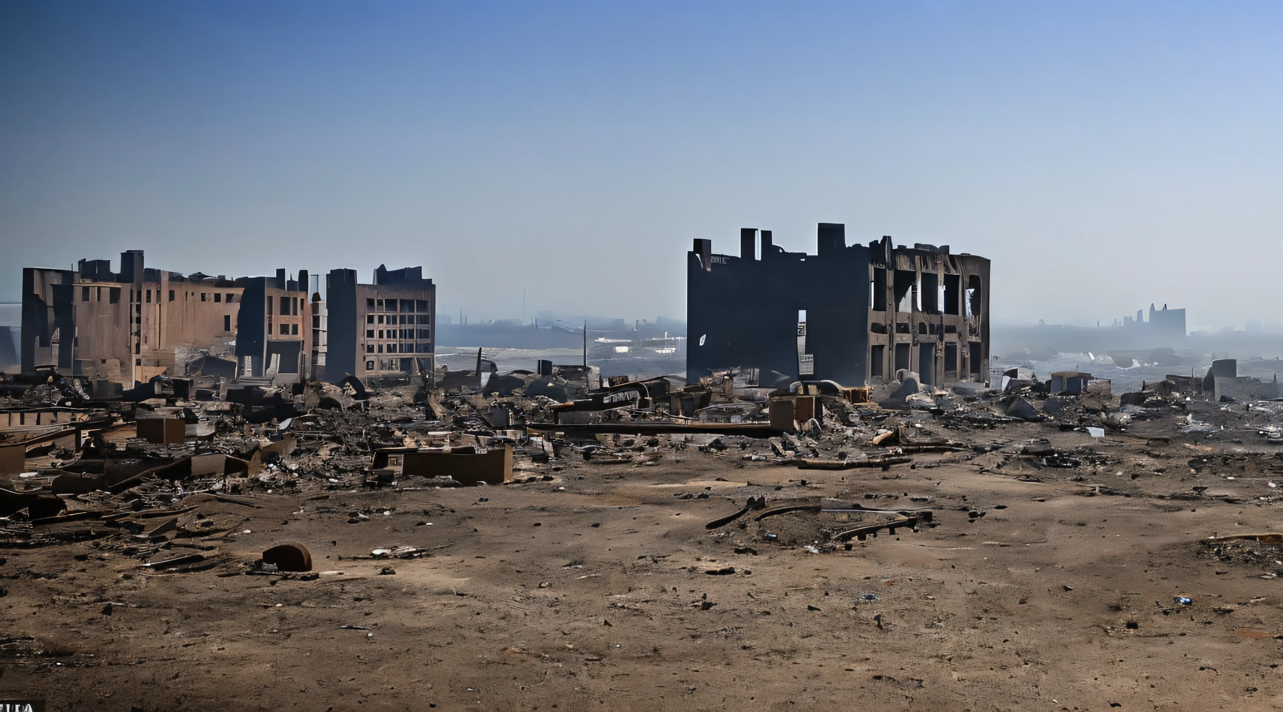 The ruins of a large city building are covered with smoke from the civil war and the city abandonment, concept of war