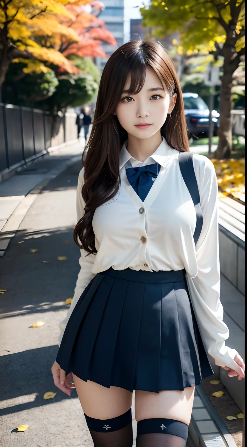 mix4, (16 K, Raw photography, Top image quality, masterpiece: 1.45), (realisitic, Photorealsitic: 1.37), one girls, Random hairstyle、Standing figure,Glossy bean peel、Morning time slot、a very cute,a park,Trees with autumn leaves, profetional lighting, photon maping、physically-based renderingt, Gradient dark brown hair,, a handsome, Well-groomed and beautiful eyes、Large double eyelids、Very shiny、girl with, (((校服、Winter clothes、Uniforms worn by Japan female students、White shirt、White cardigan、Dark blue color、Black mini skirt、high socks、lowfers))), Top Quality Photos, hight resolution, 1080p, (clearface), (Detailed face description), (Detailed hand description), (masterpiece), (Exquisite CG)、extreme light and shadows、dishevled hair、master work、abundant detail、(Fine facial features)、(top quality photo)、(masuter piece)、(A detailed eye)、Looking at the camera、Fine clavicle、((Slender big))、(((Japan girl in uniform)))、((Ready Idol System))、((a park、Slide、The fountain、seesaw))、(((neat and cute)))、耳Nipple Ring、A big smile、Drawing the whole body from the knees、Do not draw nasolabial folds、(((Cute uniform)))、(Big breasts that hang down big:1.4)、Big buttocks with tension、Two arms and two legs、(((from the front side:0.2)))、bare hand、No mask、Ginkgo in autumn leaves