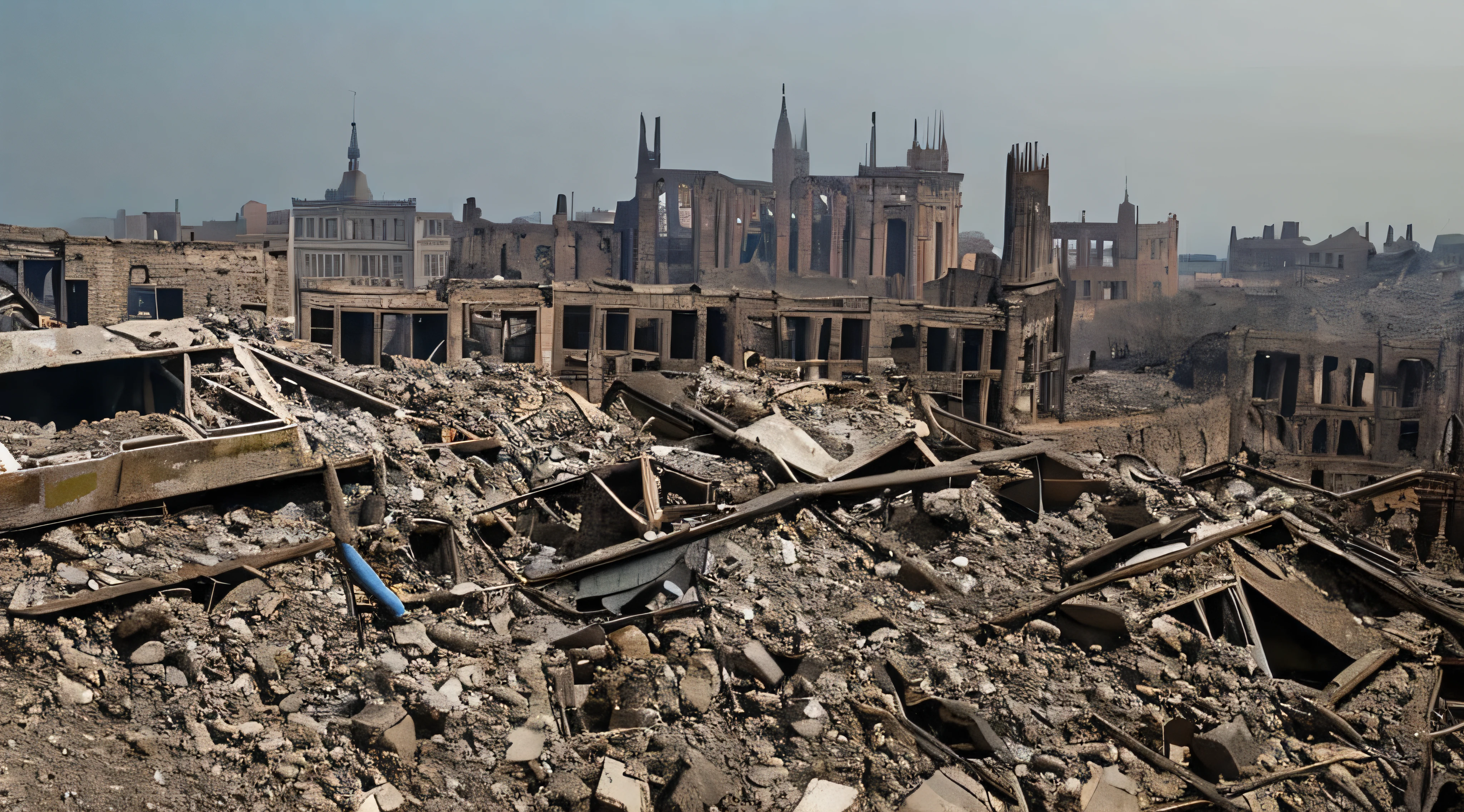 The ruins of a large city building are covered with smoke from the civil war and the city abandonment, concept of war