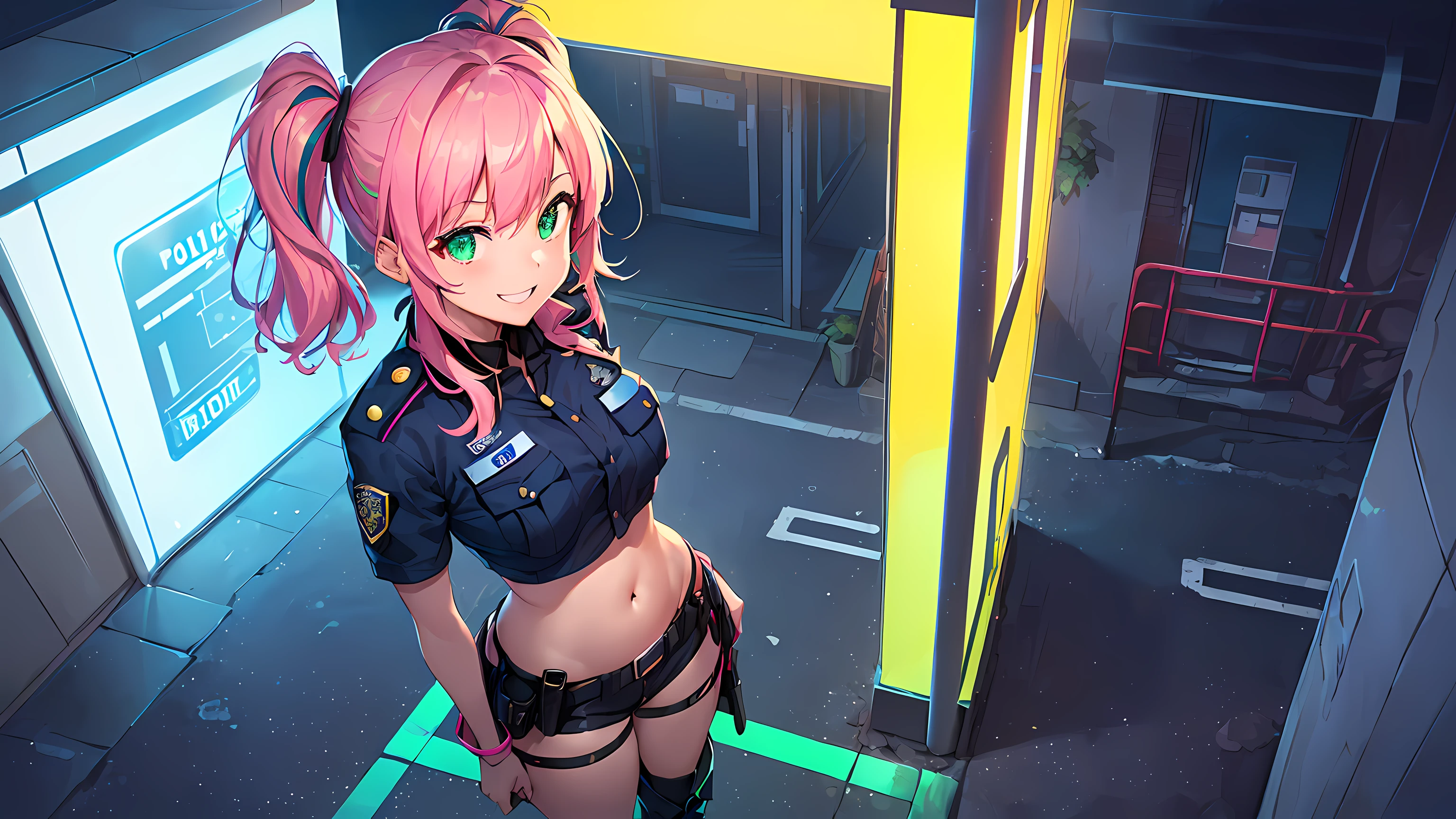 masterpiece, 1girl ((20year old, dressed as a police officer, crop top exposes navel, boots, medium breasts, multicolor pink hair, twin ponytails, perfect model body, green eyes:1.4, flirting, happy, big smile, looking upward, standing in front of a police station:1.1 with police cars in the background at night:1.1, moonlight:1.2, neon and energetic atmosphere:1.2)) ((nighttime)) ((solo:1.6)) ((high camera angle, top view))