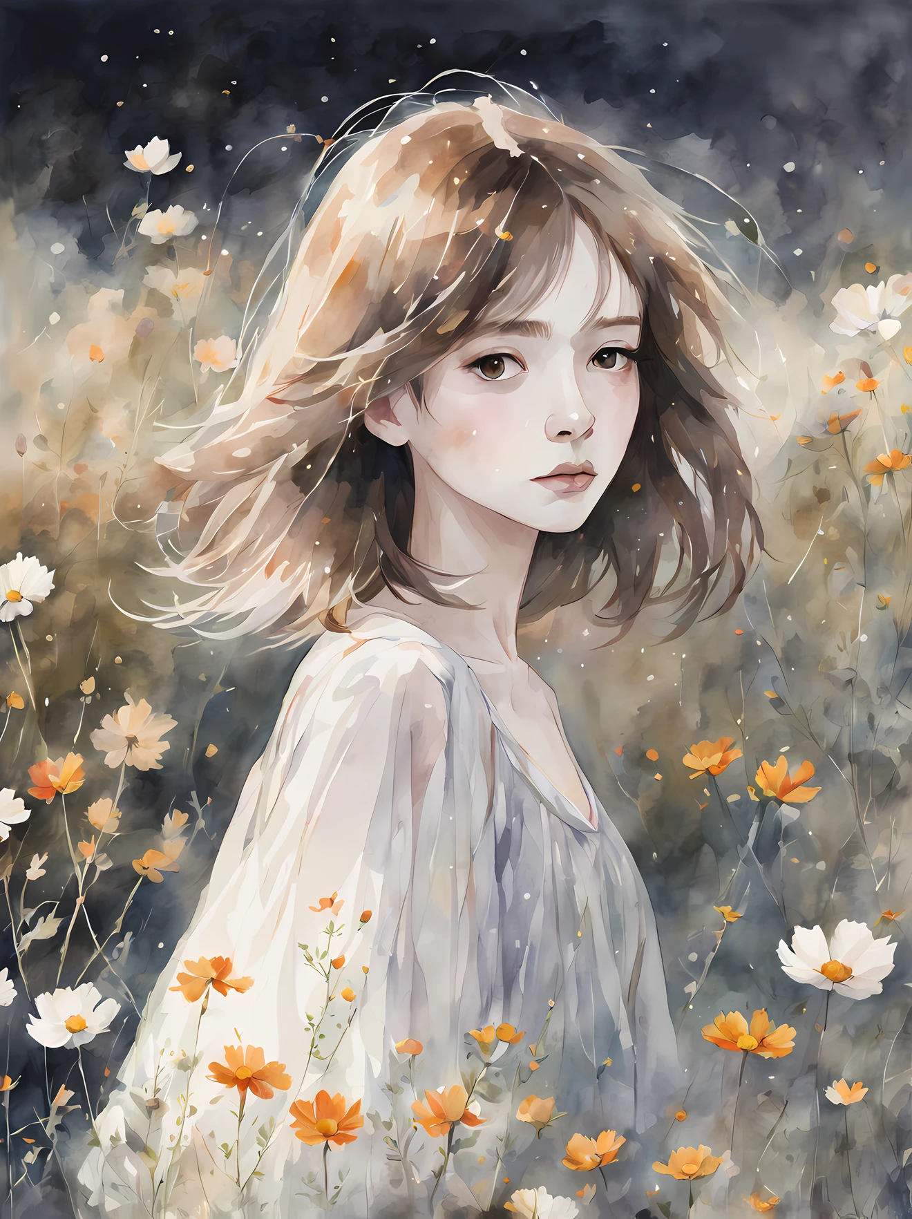 (absurdres, highres, ultimate detailed, perfect anatomy:1.2), (portrait:0.2), depth of field, black background
BREAK
a translucent (watercolor painting:1.4) with delicate washes of color, subtle blending, and an airy, dreamlike quality.
BREAK
(1girl:1.3), solo, (long bob hair:1.2), Swept bangs, (brown hair:1.2), expressionless, Viewed from the side, pov,
BREAK
(fluffy dress:1.1)
BREAK
(grasslands, outdoor:1.2), (cosmos \(flower\):1.4)
BREAK
(She walks along the dimly lit path of the riverbank.:1.2)