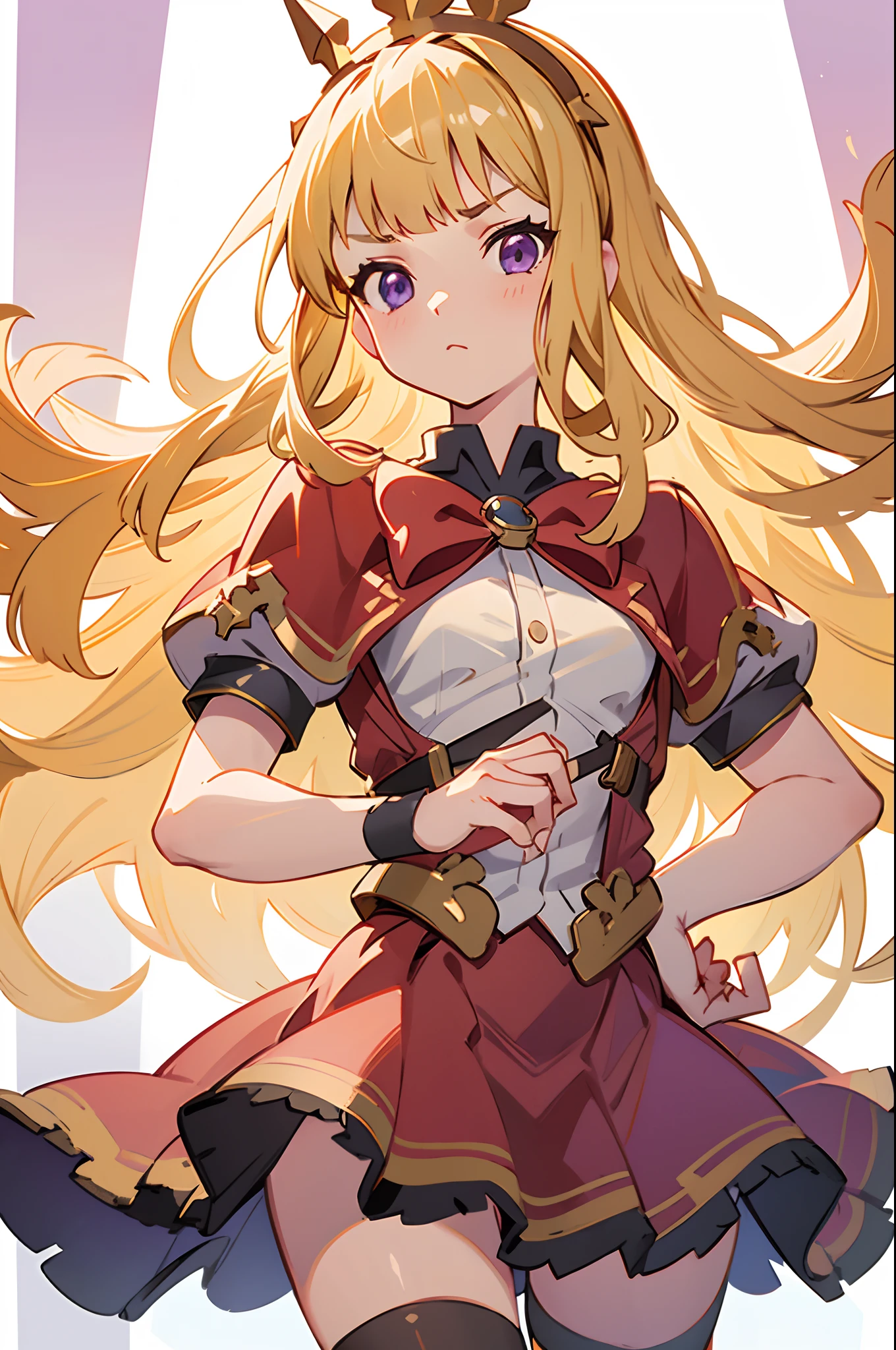 1girl, solo, character preview illustration, blonde hair, purple eyes, Cagliostro, long hair, CagliostroBase, hairband, crown, black thighhighs, red bow, skirt, red skirt, cape, small breasts, serious, neutral, face focus, hand on hips, upper body, looking at viewer, white background, transparent background, beautiful illumination, sun rays, trending on pixiv, masterpiece, 8k, best quality