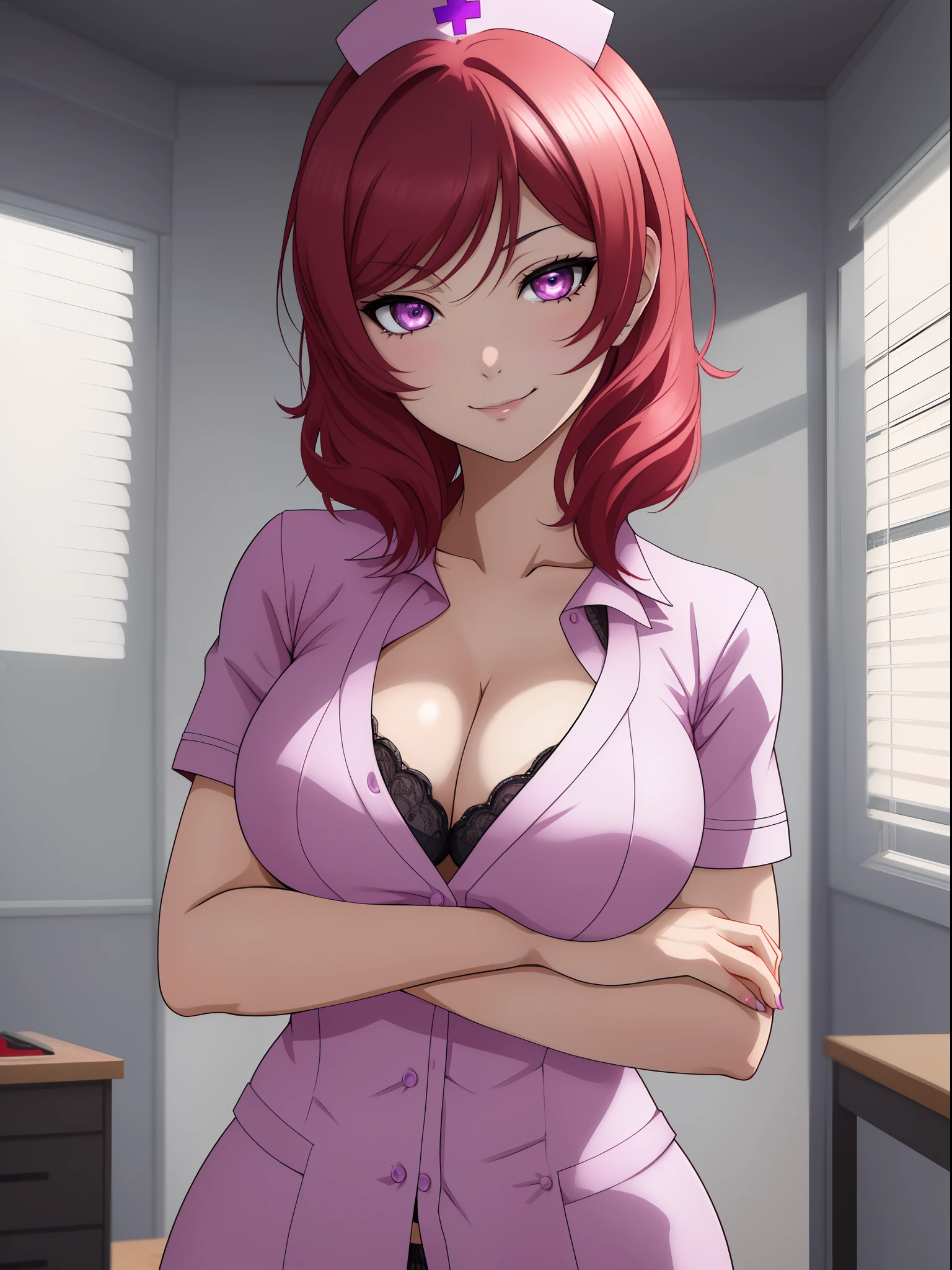 Nishikino maki, Purple eyes, bangs, beautiful, nurse custom, a slight smile, masterpiece, super detailed, high detail, high quality, best quality, 1080p, 16k, cleavage, curvy body, realistic art