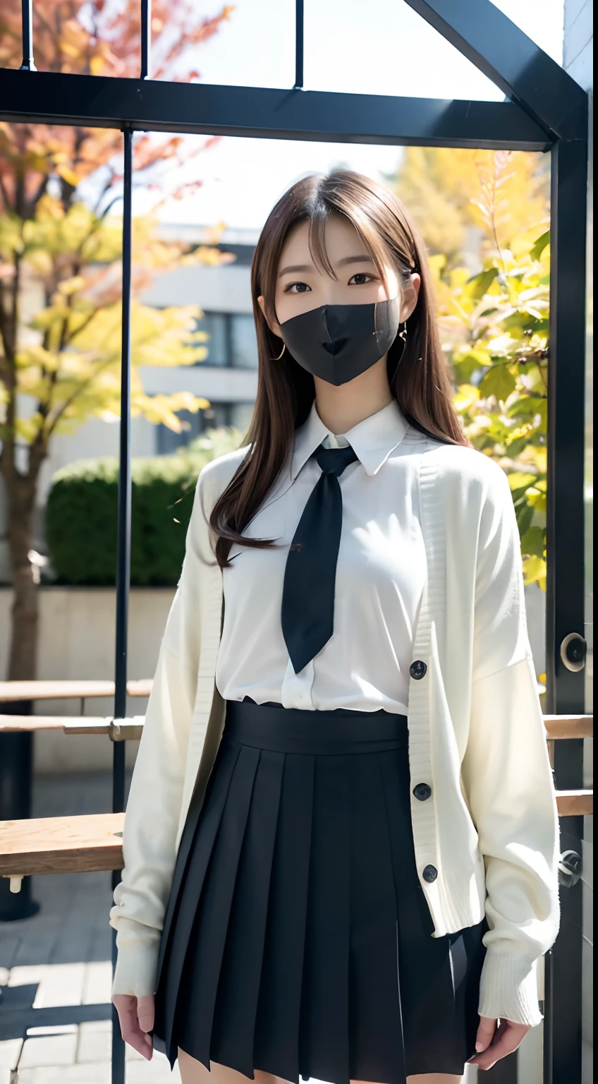 mix4, (16 k, RAW photography, Top image quality, tmasterpiece: 1.45), (hentail realism, Photorealsitic: 1.37), one-girl, Random hairstyle、Standing figure,Shiny bean skin、Morning session、a very cute,A park,Autumn leaf tree, profesional lighting, photon maping、physically-based renderingt, Gradient dark brown hair,, A handsome, Neat and beautiful eyes、big double eyelids、Very shiny、Girl vs, (((校服、winter clothes、School uniforms worn by Japanese female students、White shirt、White cardigan、em cor azul escuro、blackminiskirt、High socks、low tune))), high-quality photo, A high resolution, 1080p, (clearface), (Detailed face description), (Detailed hand description), (tmasterpiece), (exquisite CG)、extreme light and shadows、messy hair、Works of masters、rich details、(Fine facial features)、(excellent quality photos)、(masuter piece)、(A detailed eye)、Looking at the camera、fine clavicle、((Slender and big))、(((Japan schoolgirl wearing uniform)))、((Prepared idol system))、((A park、slide、The fountain、seesaw))、(((Neat and lovely)))、耳Nipple Ring、A big smile、Pull the entire body out of the knee、Do not draw nasolabial folds、(((Cute uniform)))、(The atrium hangs large:1.4)、Tension in the big buttocks、Two arms and two legs、(((From the front side:0.2)))、bare hand、No mask、Ginkgo biloba in autumn leaves